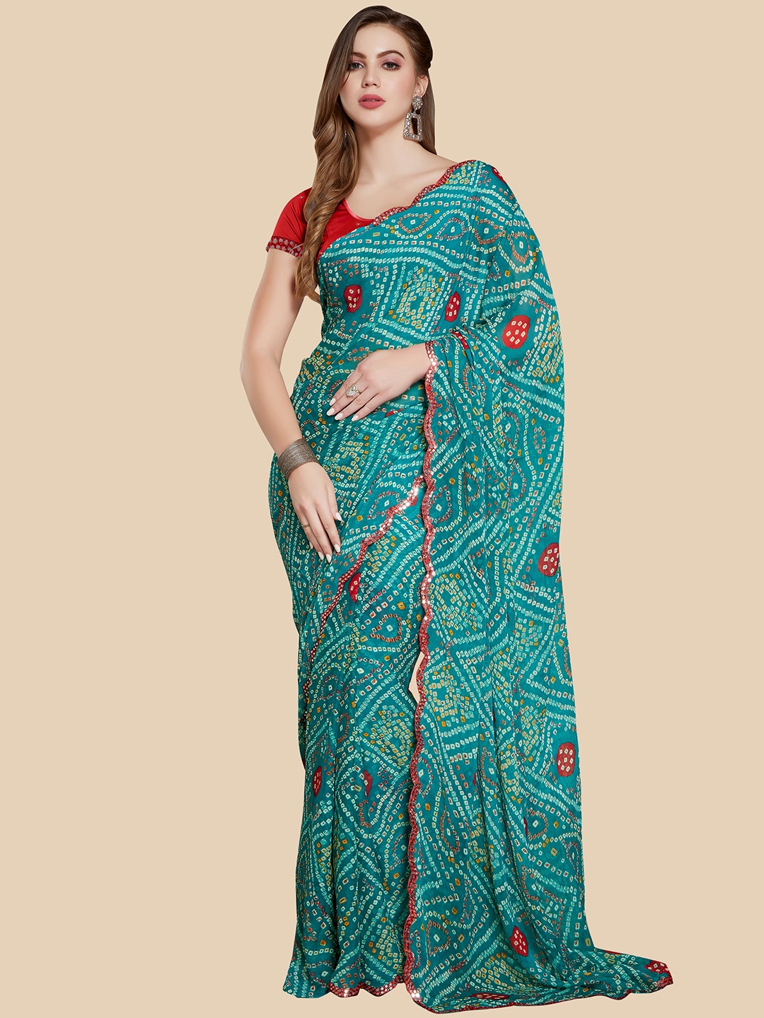 Rani Saahiba Bandhani Printed Embroidered Bandhani Saree, Teal