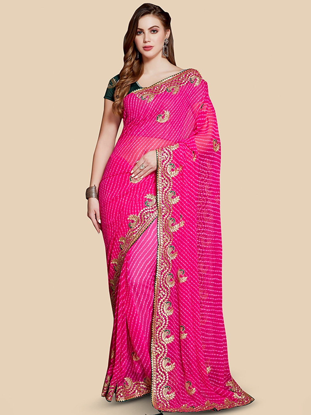 Rani Saahiba Embroidered Chiffon Bandhani Saree, Magenta