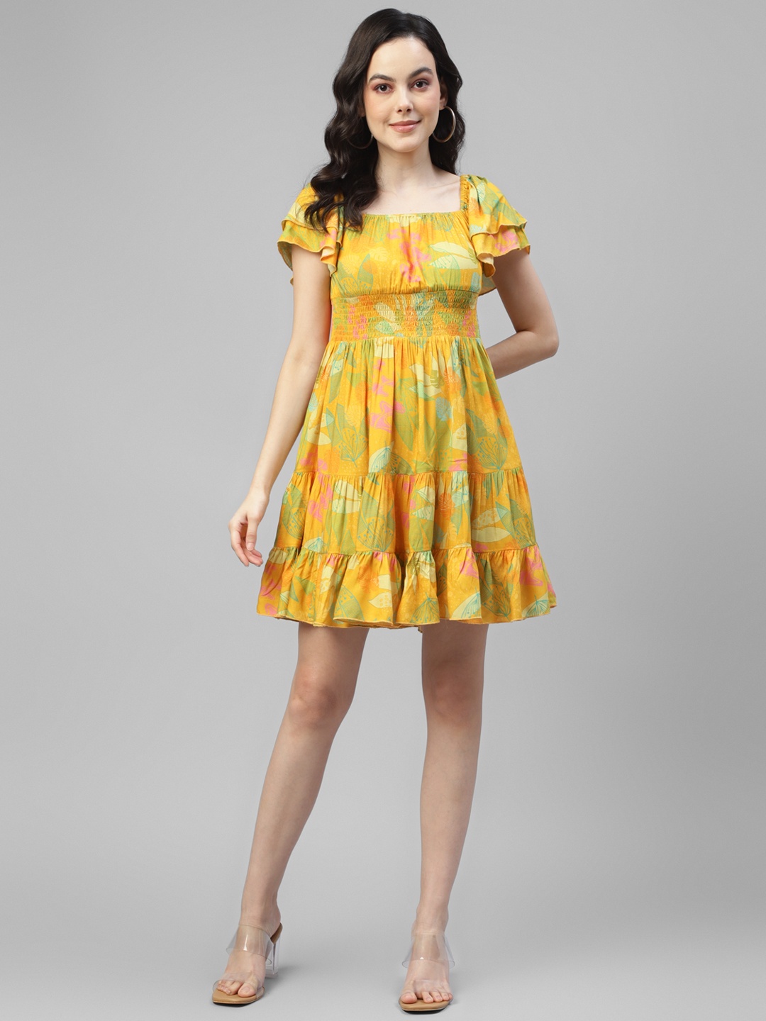 DEEBACO Floral Square Neck Flared Sleeves Smocked Tiered Above Knee Fit & Flare Dress, Lime green
DEEBACO Floral Square Neck Flared Sleeves Smocked Tiered Above Knee Fit & Flare Dress, Lime green