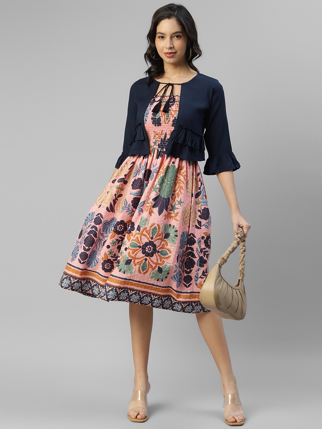 DEEBACO Ethnic Motifs Print Tie-Up Neck Three-Quarter Flared Sleeves Fit & Flare Dress, Peach
DEEBACO Ethnic Motifs Print Tie-Up Neck Three-Quarter Flared Sleeves Fit & Flare Dress, Peach