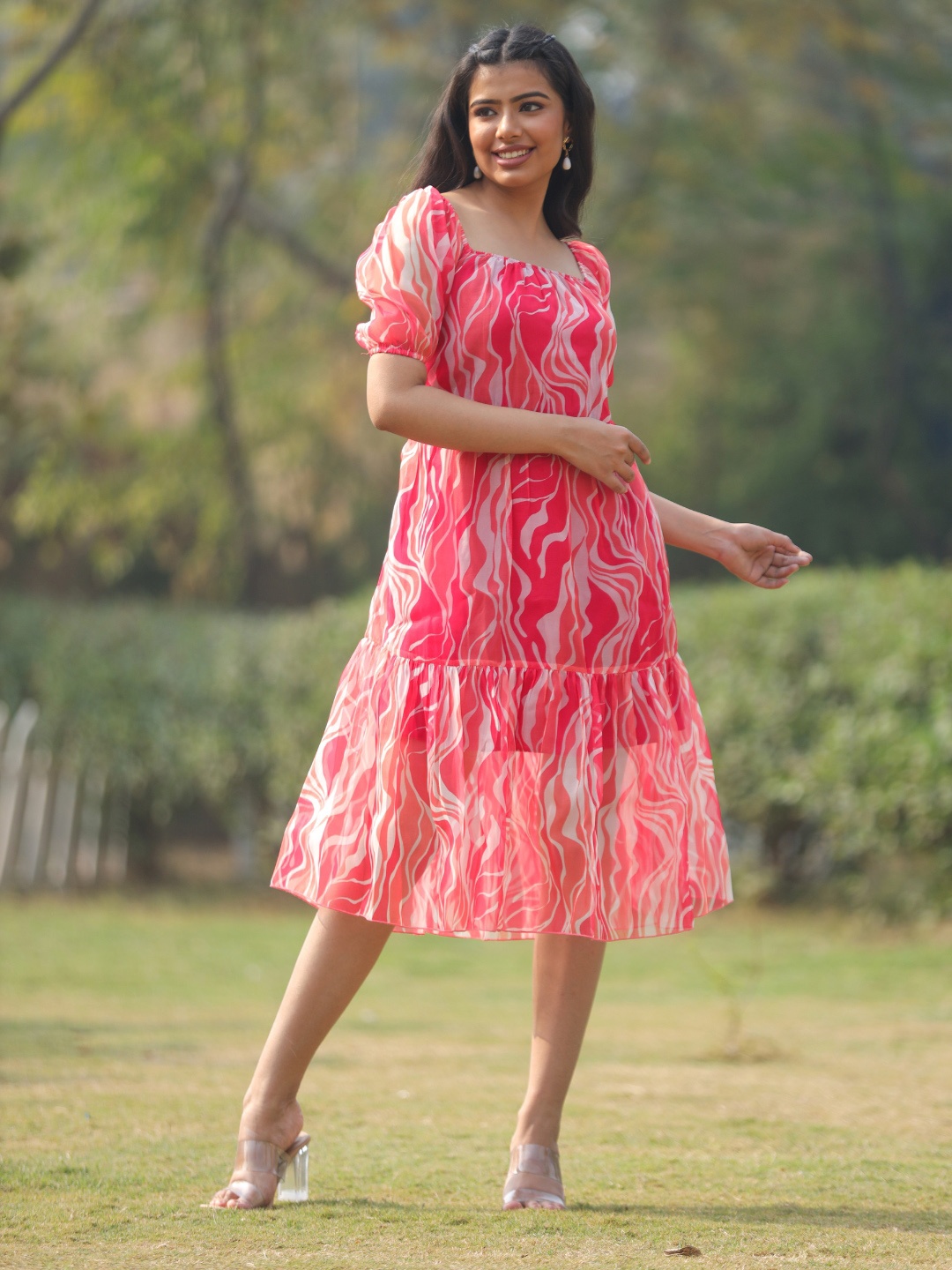 DEEBACO Semi Sheer Abstract Print Square Neck Puff Sleeves Tiered Fit & Flare Midi Dress, Pink
DEEBACO Semi Sheer Abstract Print Square Neck Puff Sleeves Tiered Fit & Flare Midi Dress, Pink