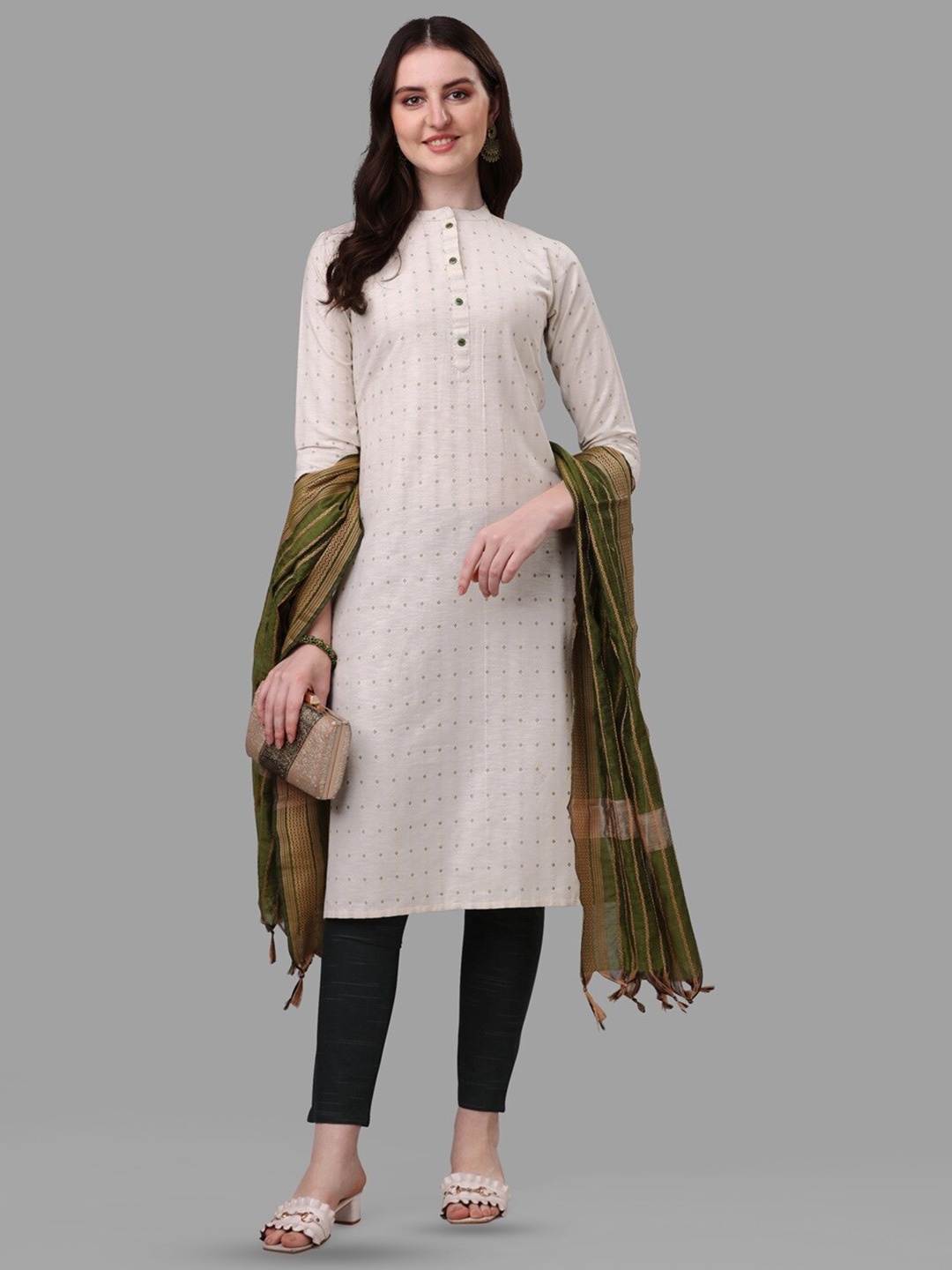 CANIZZARO Woven Design Mandarin Collar Pure Cotton Straight Kurta With Trouser & Dupatta, Off white
CANIZZARO Woven Design Mandarin Collar Pure Cotton Straight Kurta With Trouser & Dupatta, Off white