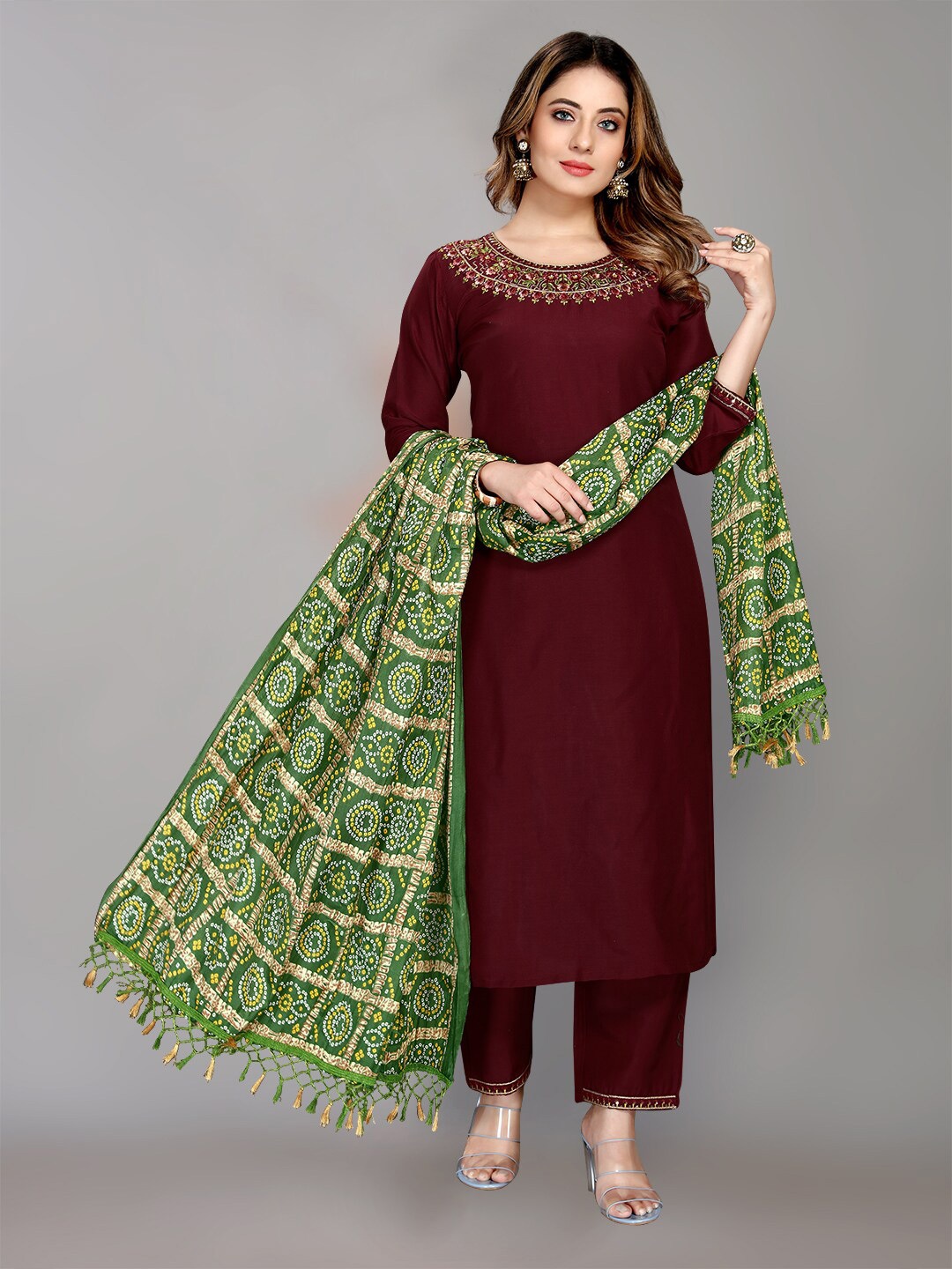 PIRAMYD CLUB Floral Yoke Design Thread Work Straight Kurta with Trouser & Dupatta, Maroon
PIRAMYD CLUB Floral Yoke Design Thread Work Straight Kurta with Trouser & Dupatta, Maroon