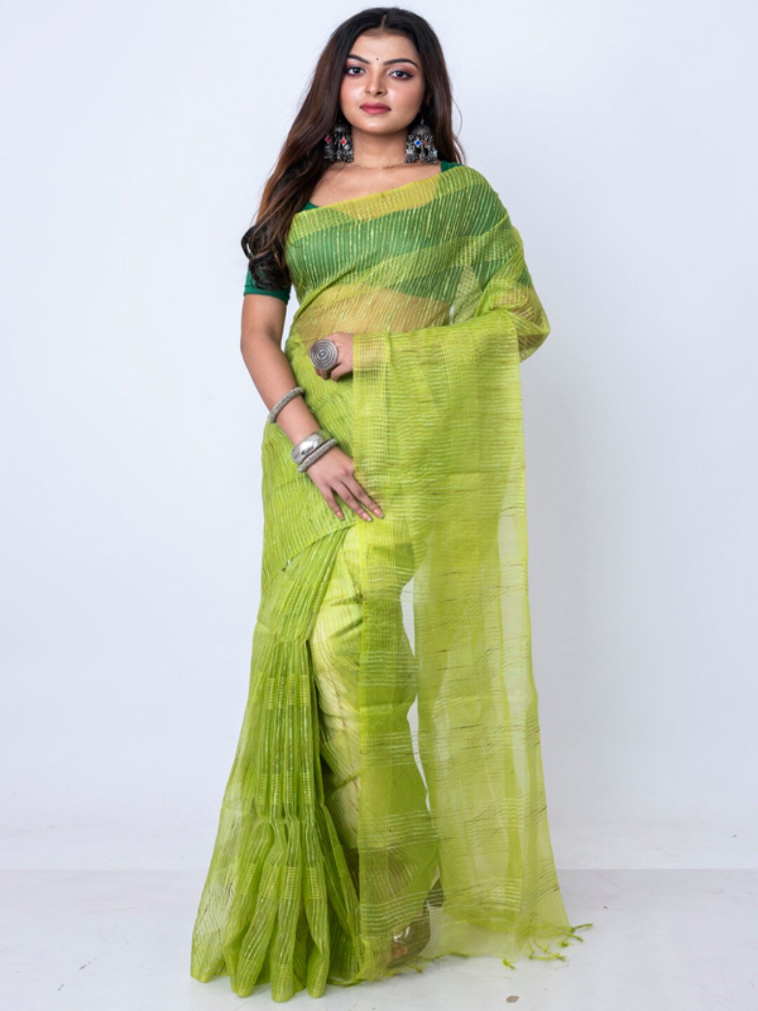 Morchari Striped Zari Organza Saree, Lime green
Morchari Striped Zari Organza Saree, Lime green