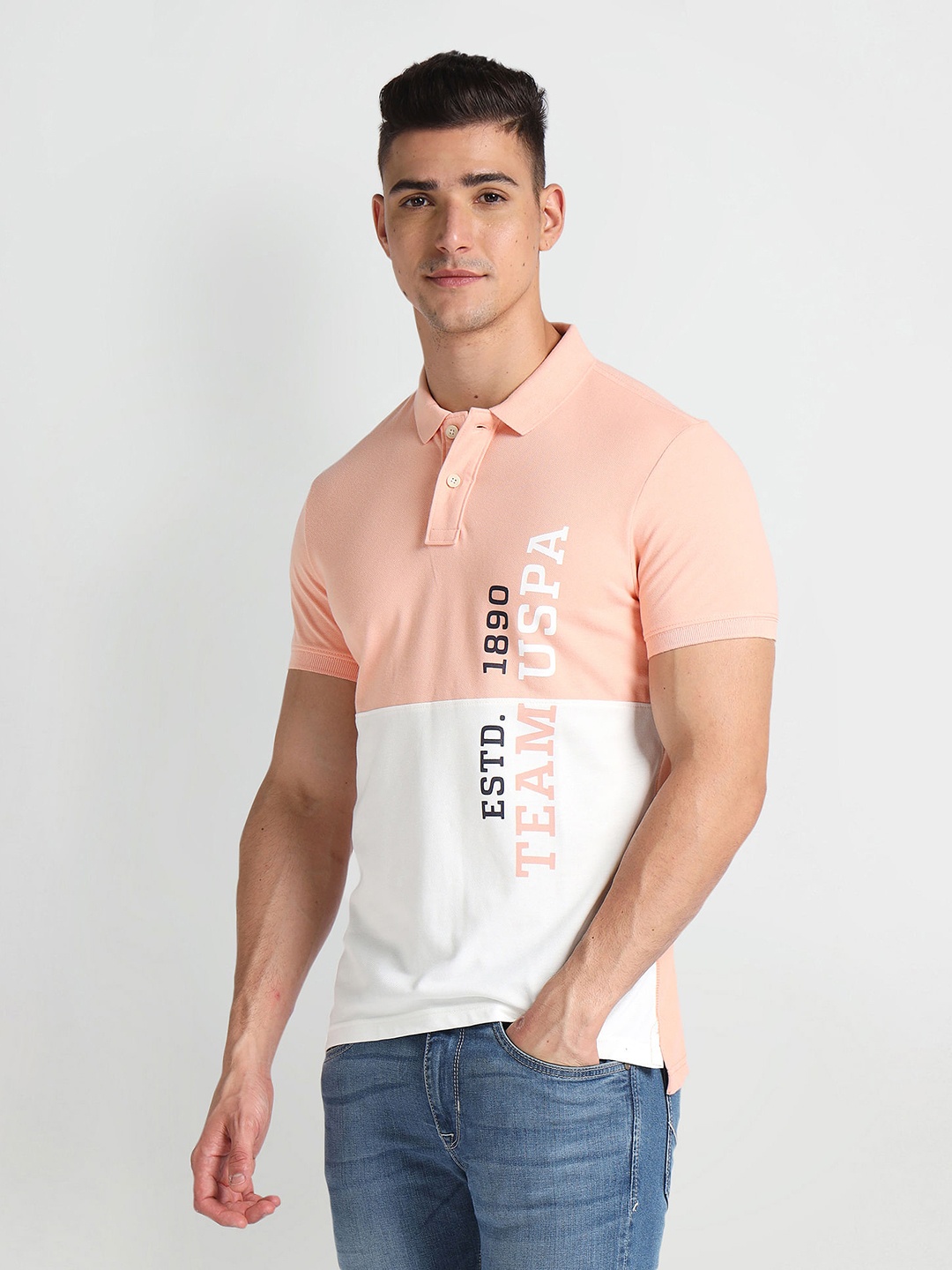U.S. Polo Assn. Denim Co. Brand Logo Printed Polo Collar Pure Cotton Slim Fit T-shirt, Peach
U.S. Polo Assn. Denim Co. Brand Logo Printed Polo Collar Pure Cotton Slim Fit T-shirt, Peach