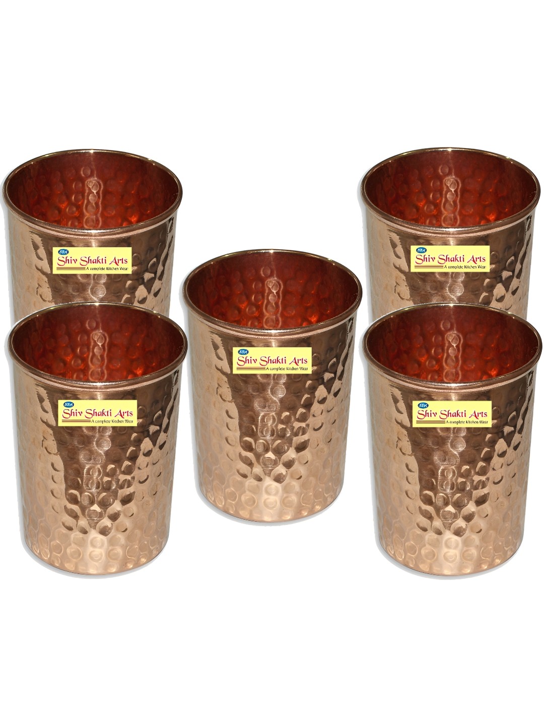Shivshakti Arts Copper Toned 5 Pieces Easy to Clean Copper Water Glass 250 ML Each