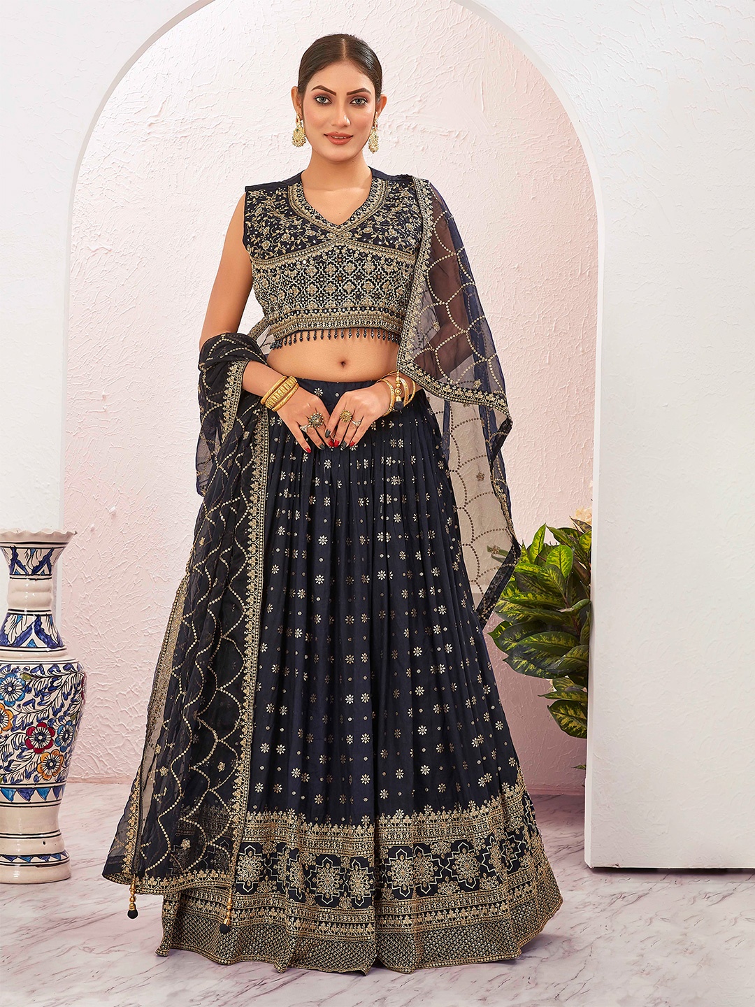Chandbaali Embroidered Mirror Work Ready to Wear Lehenga & Blouse With Dupatta, Navy blue
Chandbaali Embroidered Mirror Work Ready to Wear Lehenga & Blouse With Dupatta, Navy blue