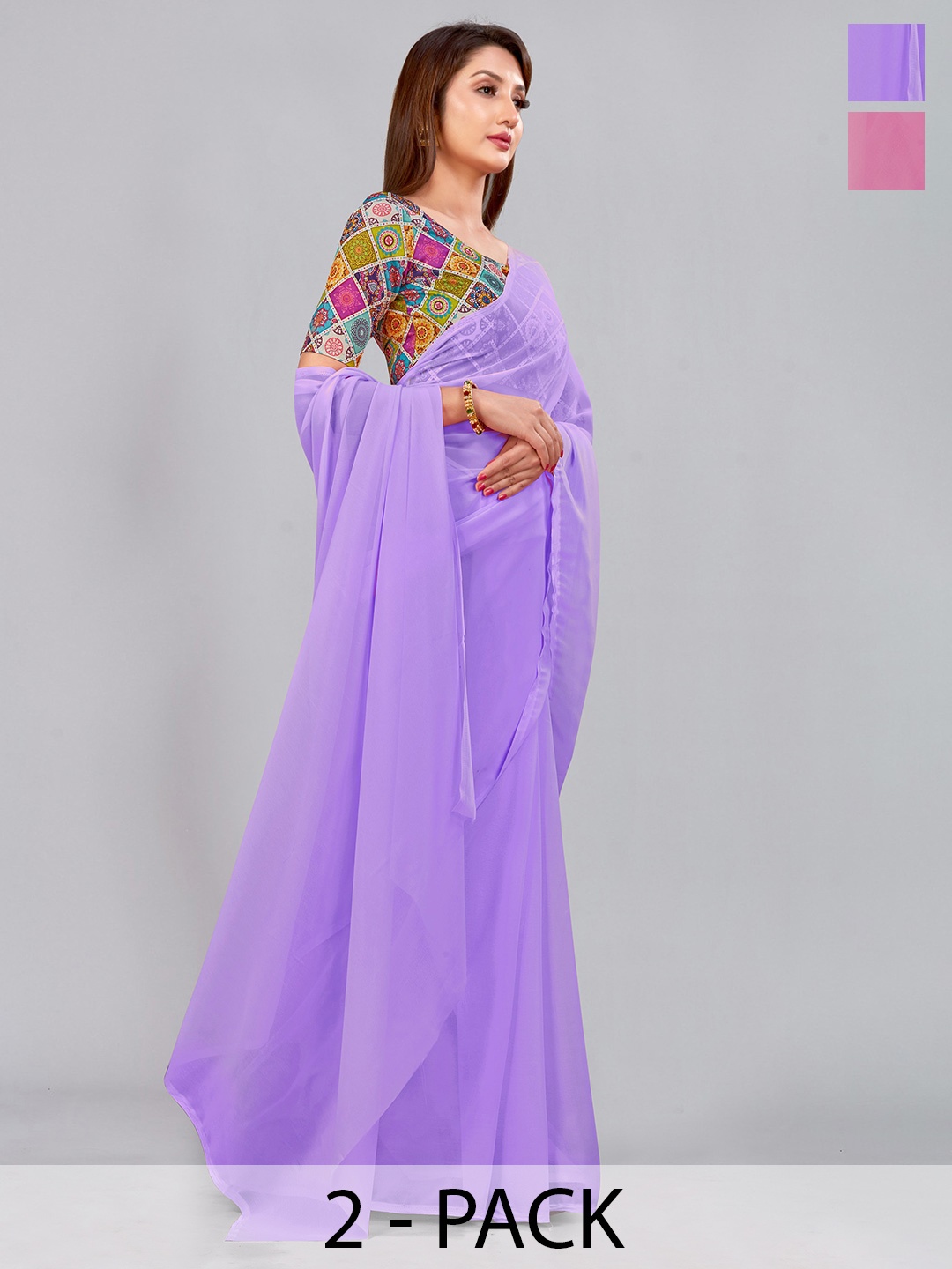 CastilloFab Selection Of 2 Pure Georgette Saree, Lavender