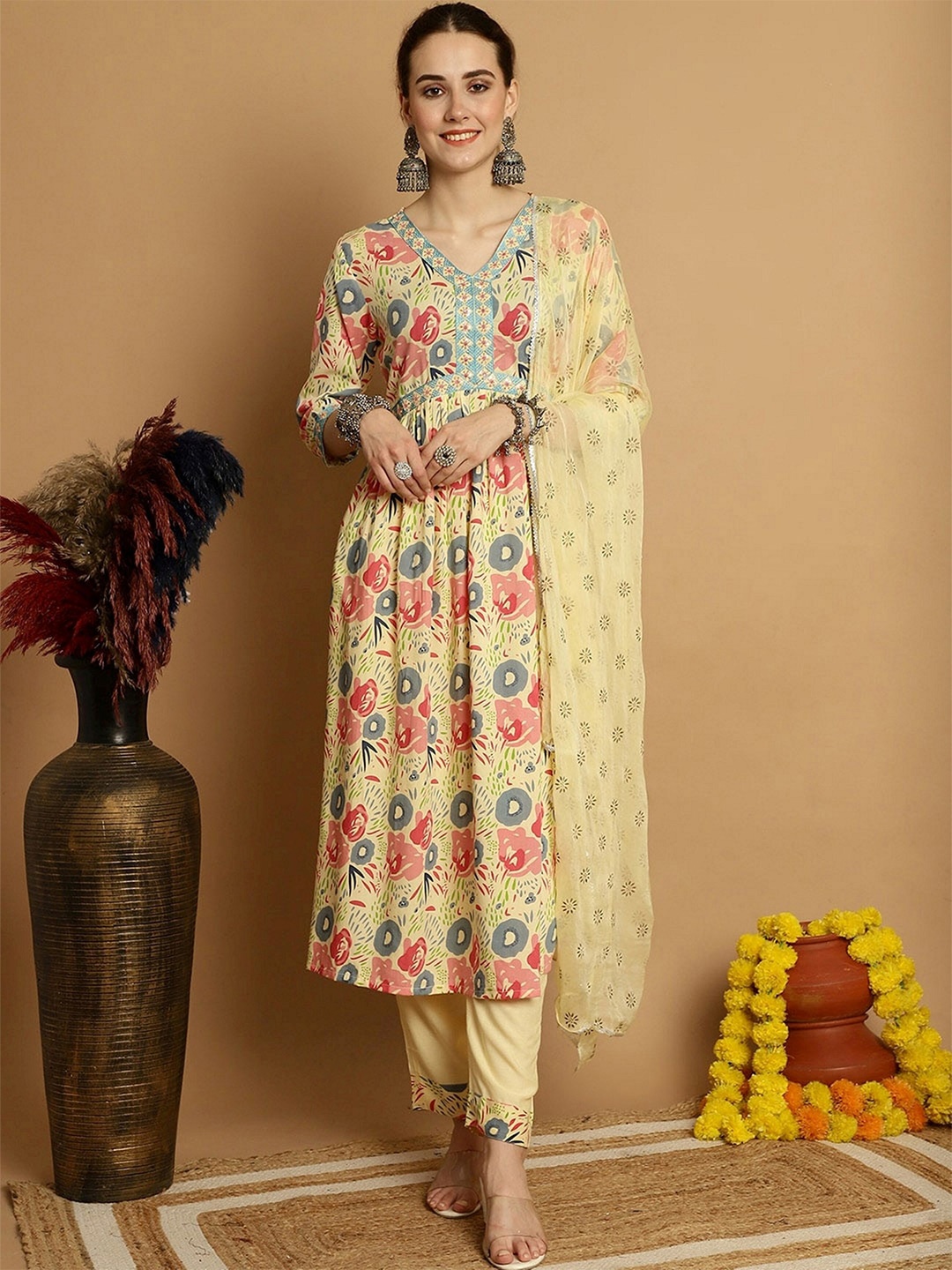 BAESD Floral Printed V-Neck Thread Work Empire Anarkali Kurta with Trousers Dupatta, Cream