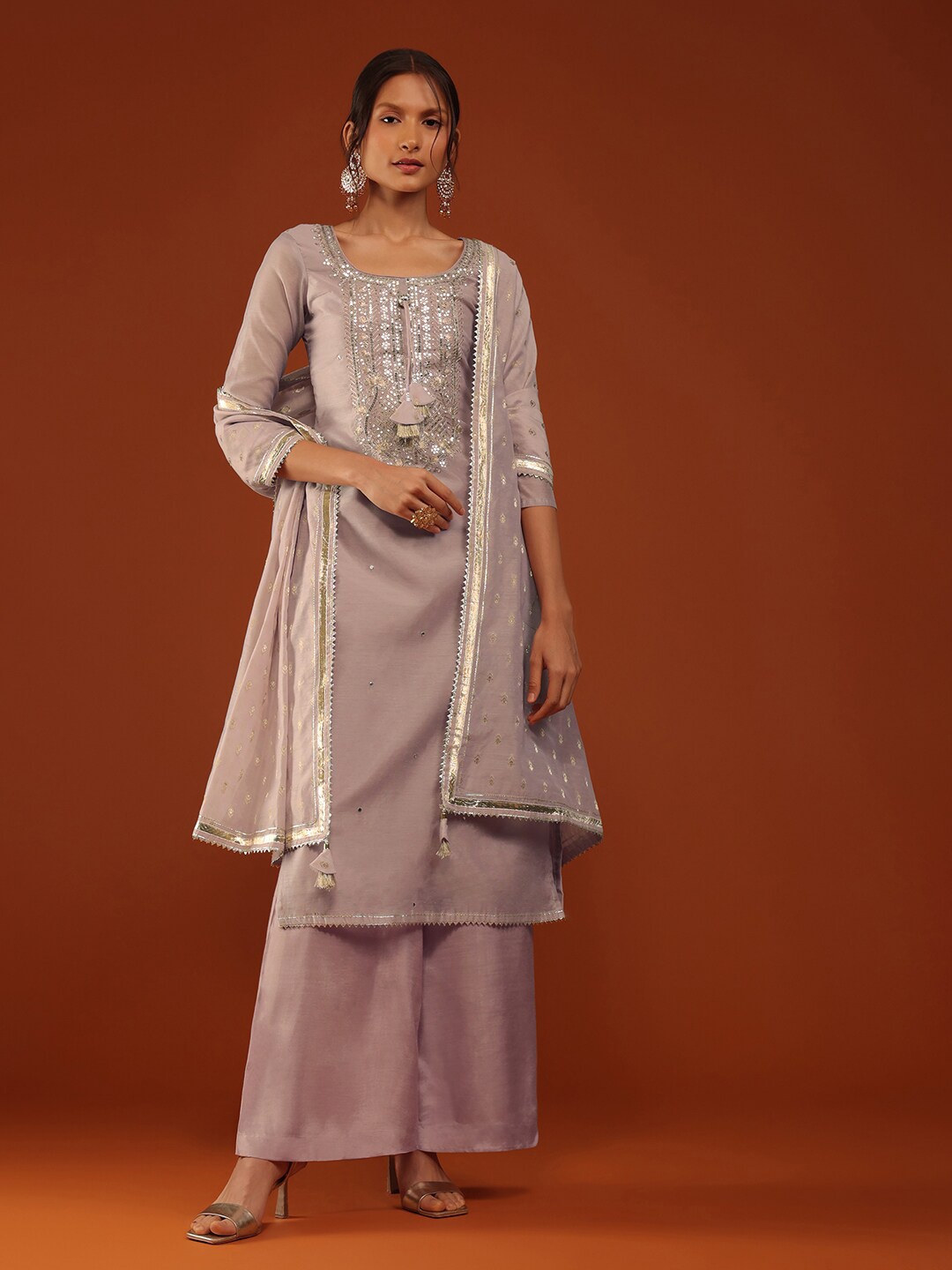KALKI Fashion Embroidered Mirror Work Chanderi Cotton Kurta with Palazzos & Dupatta, Pink