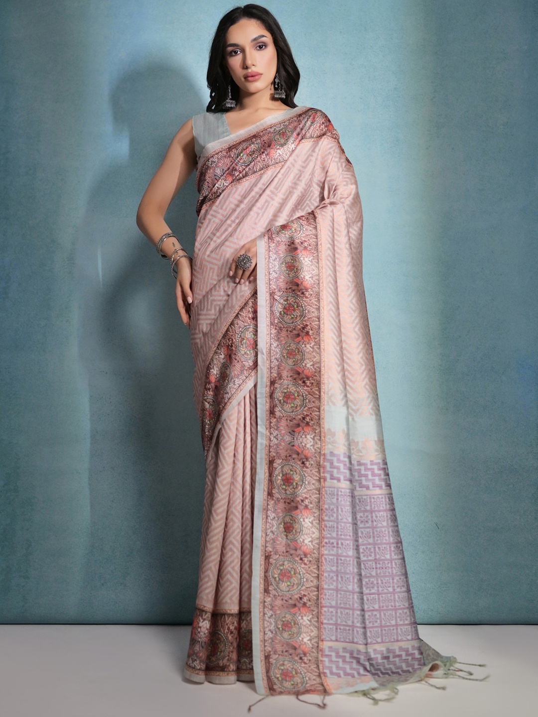 VISHNU WEAVES Woven Design Zari Zigzag Printed Tussar Saree With Tassels, Cream
VISHNU WEAVES Woven Design Zari Zigzag Printed Tussar Saree With Tassels, Cream