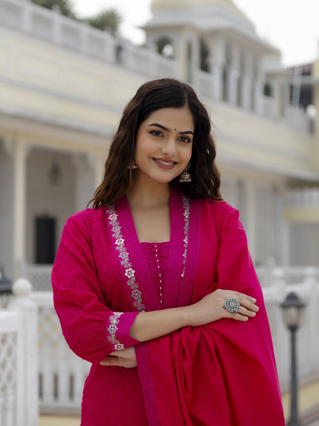 KALINI Floral Embroidered Regular Pure Cotton Thread Work Kurta With Trousers & Dupatta, Fuchsia
KALINI Floral Embroidered Regular Pure Cotton Thread Work Kurta With Trousers & Dupatta, Fuchsia