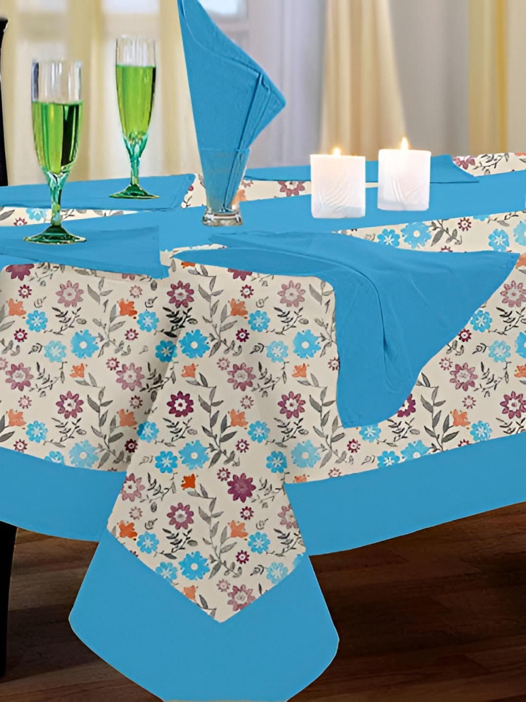 Lushomes Blue & Grey Floral Printed Cotton Table Linen Set