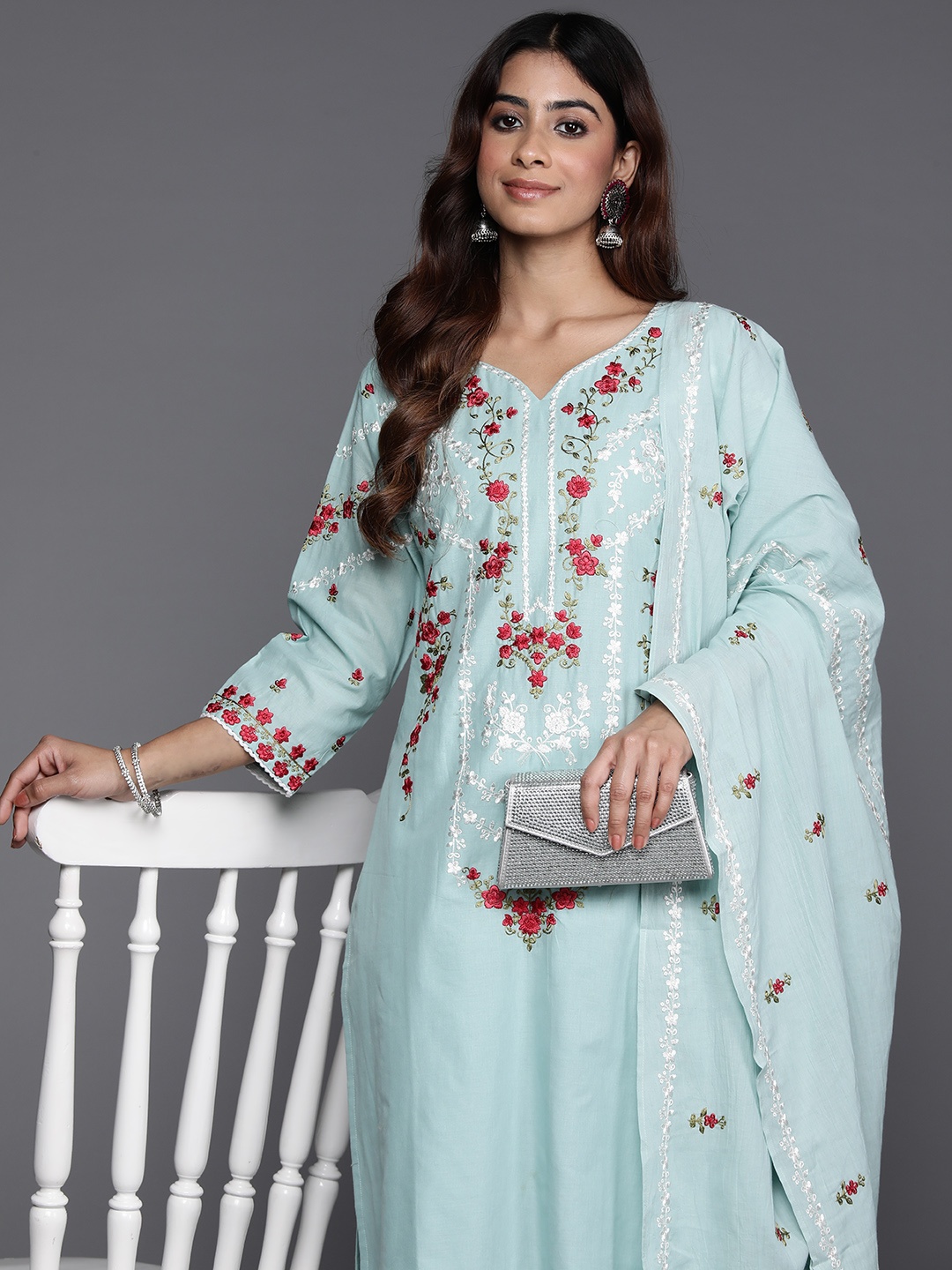 Varanga Floral Embroidered Thread Work Pure Cotton Kurta with Trousers & Dupatta, Sea green
Varanga Floral Embroidered Thread Work Pure Cotton Kurta with Trousers & Dupatta, Sea green