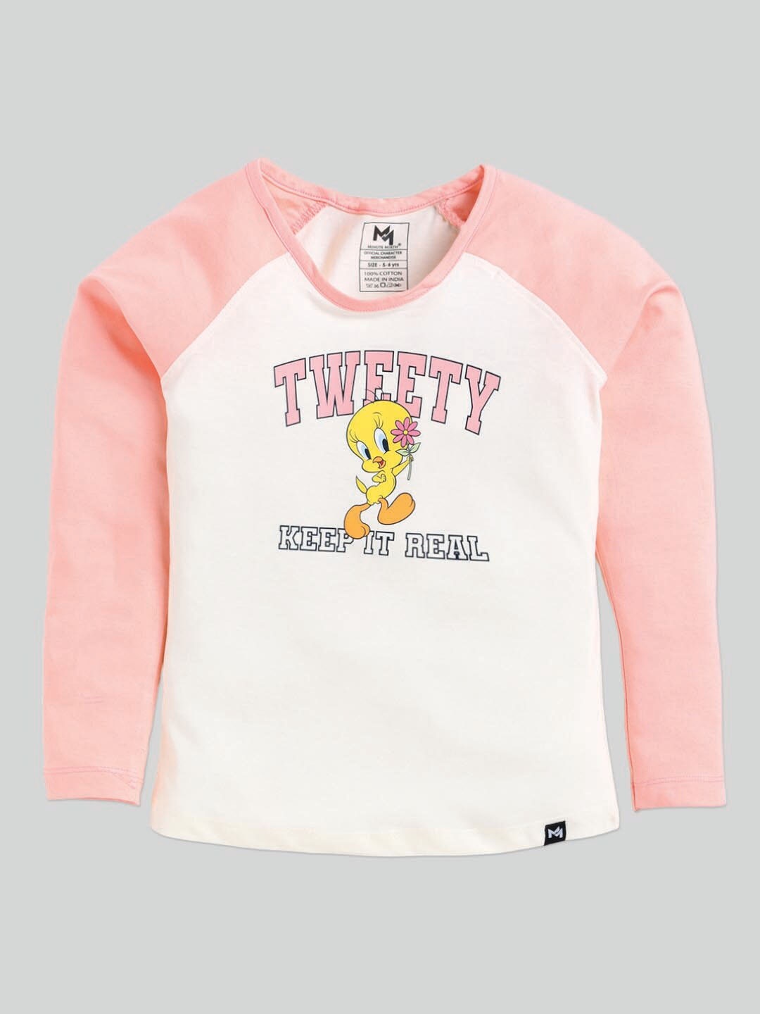 Minute Mirth Girls Tweety Printed Cotton Top, Peach
