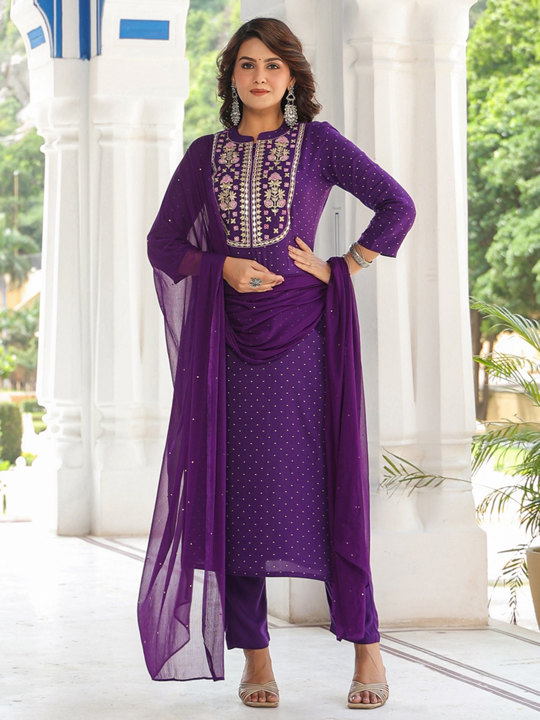 KALINI Women Plus Size Floral Yoke Design Thread Work Kurta With Trousers & Dupatta, Purple
KALINI Women Plus Size Floral Yoke Design Thread Work Kurta With Trousers & Dupatta, Purple
