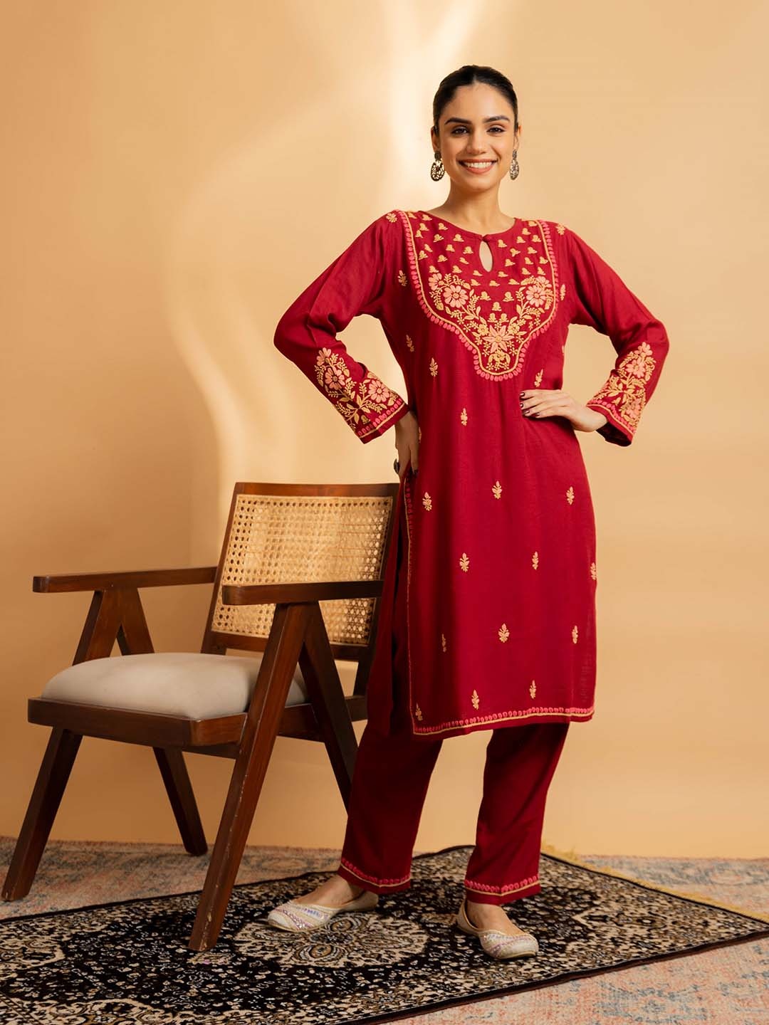 HOUSE OF KARI Floral Embroidered Chikankari Cotton Silk Straight Kurta With Palazzos, Maroon
HOUSE OF KARI Floral Embroidered Chikankari Cotton Silk Straight Kurta With Palazzos, Maroon