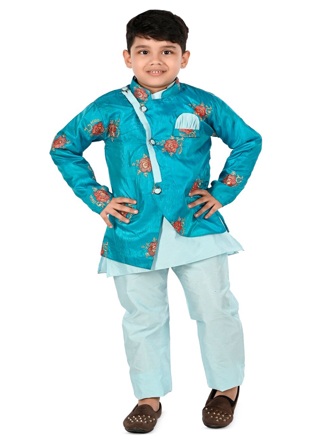 BAESD Boys Mandarin Collar Long Sleeves Thread Work Kurta with Trousers, Turquoise blue
BAESD Boys Mandarin Collar Long Sleeves Thread Work Kurta with Trousers, Turquoise blue