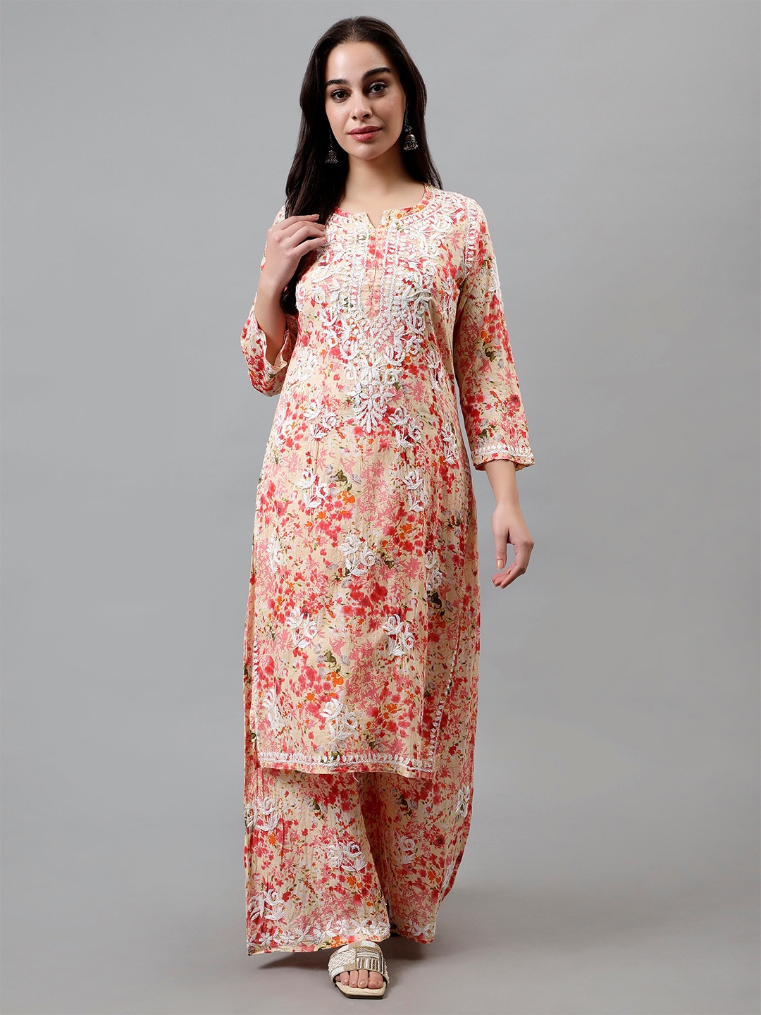 Seva Chikan Ethnic Motifs Chikankari Embroidered Straight Kurta with Palazzos, Peach
Seva Chikan Ethnic Motifs Chikankari Embroidered Straight Kurta with Palazzos, Peach