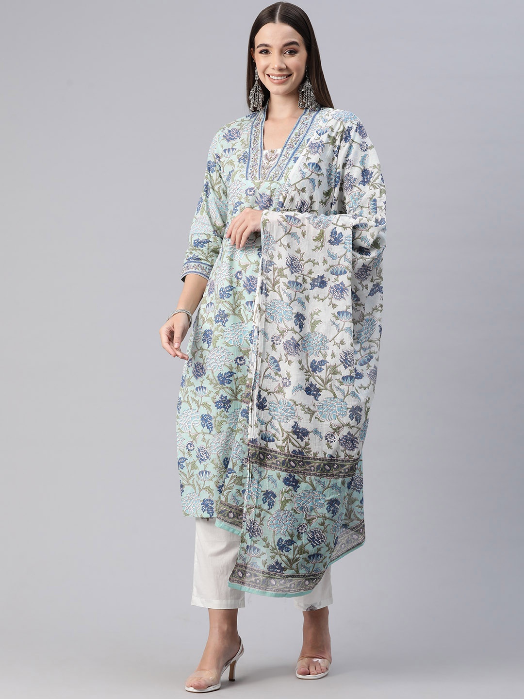 Readiprint Women Floral Printed Beaded Cotton Kurta with Trousers & With Dupatta, White
Readiprint Women Floral Printed Beaded Cotton Kurta with Trousers & With Dupatta, White