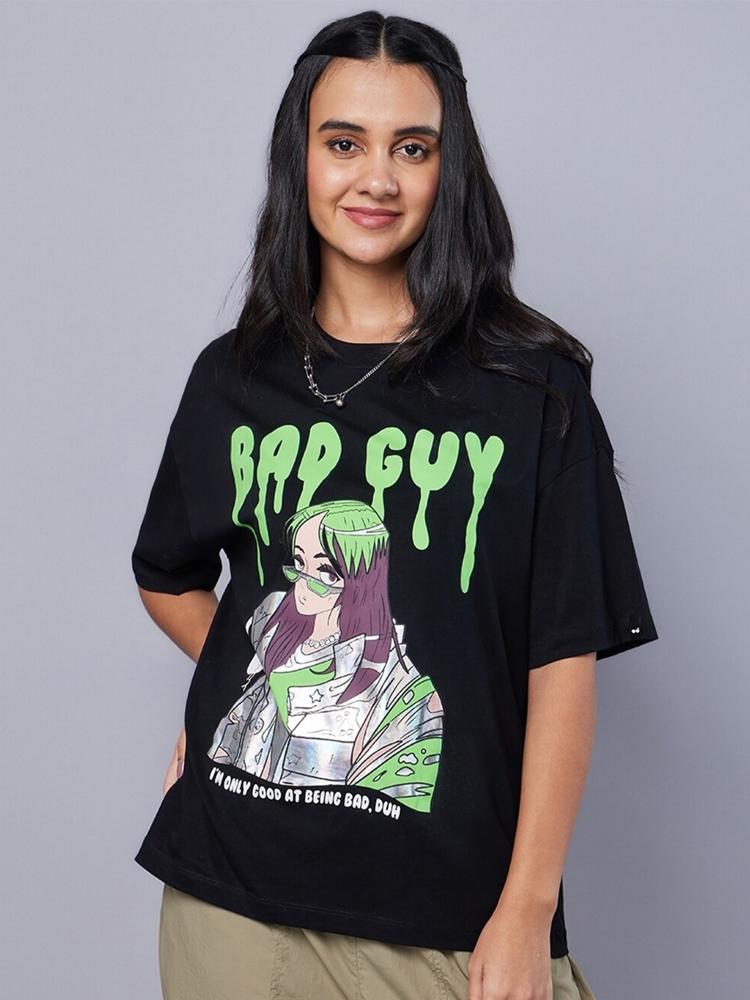 Bewakoof Bad Guy Graphic Printed Drop-Shoulder Sleeves Oversized Pure Cotton T-shirt, Black
Bewakoof Bad Guy Graphic Printed Drop-Shoulder Sleeves Oversized Pure Cotton T-shirt, Black