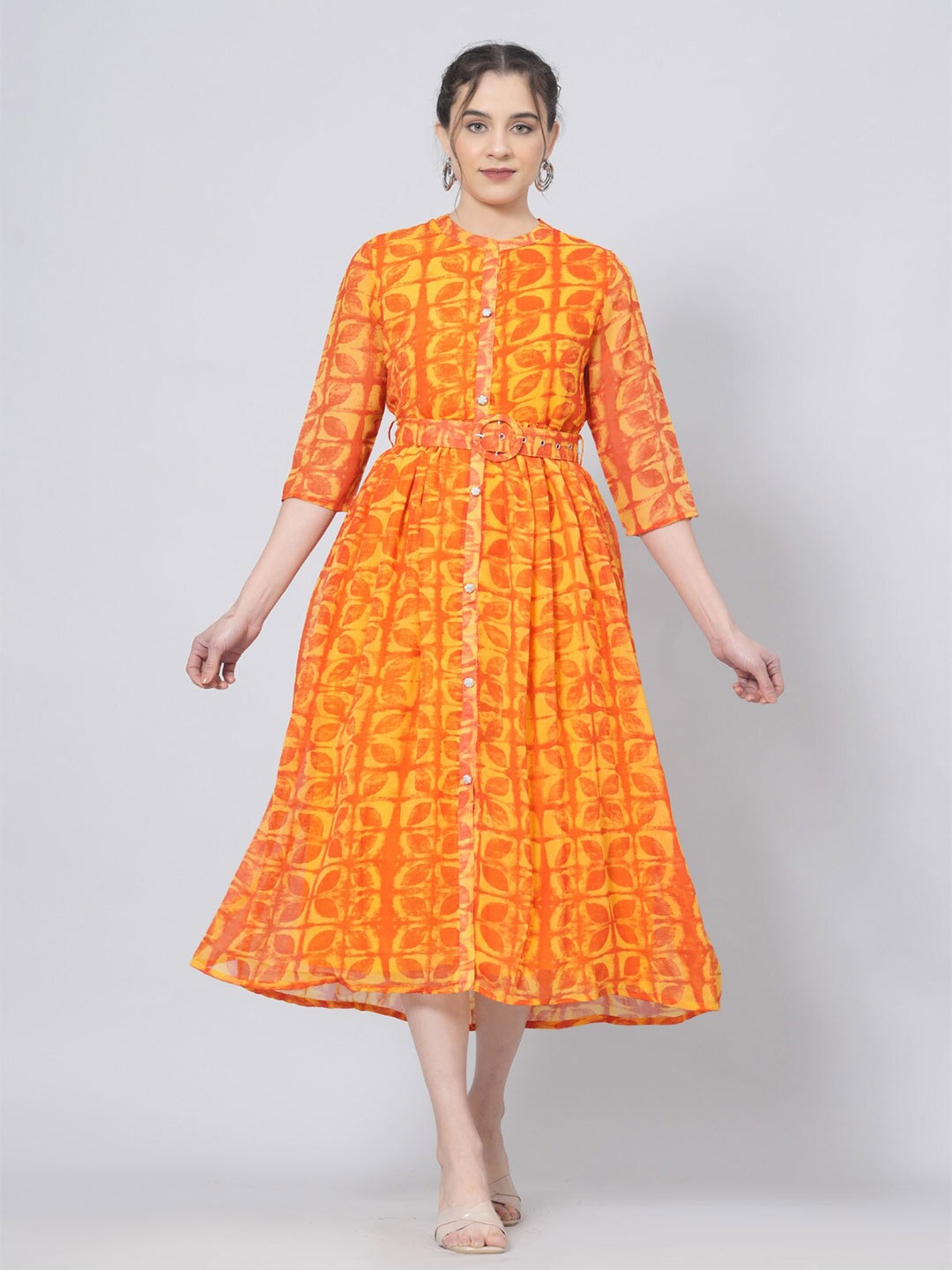 PREKSHA Floral Printed Round Neck Three-Quarter Sleeves Georgette Kurta, Orange