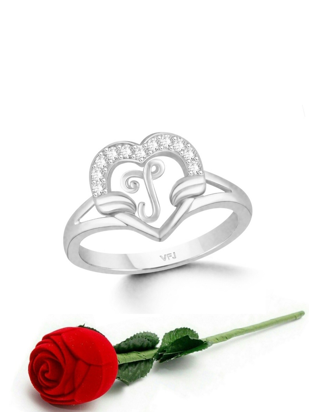 Vighnaharta Rhodium-Plated Cubic Zirconia Studded & Alphabet J Finger Ring With Rose Box, Silver
Vighnaharta Rhodium-Plated Cubic Zirconia Studded & Alphabet J Finger Ring With Rose Box, Silver