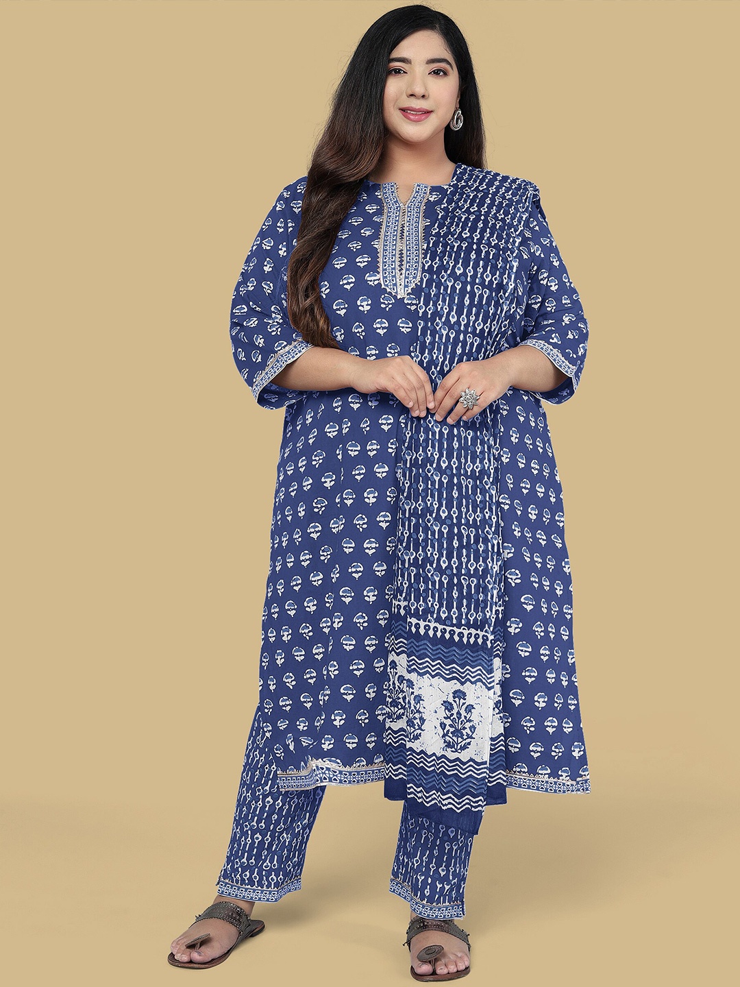KALINI Plus Size Ethnic Printed Gotta Patti Pure Cotton Kurta with Trousers & Dupatta, Blue
KALINI Plus Size Ethnic Printed Gotta Patti Pure Cotton Kurta with Trousers & Dupatta, Blue