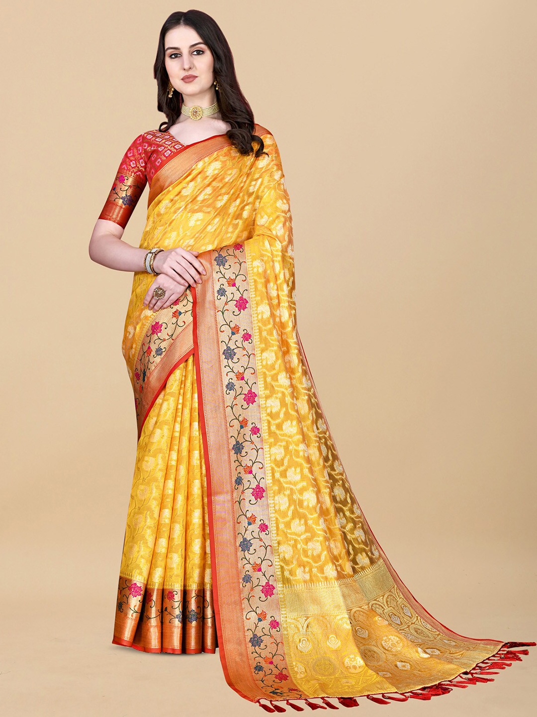 OFLINE SELECTION Ethnic Print Zari Silk Cotton Banarasi Saree with Tassels, Yellow
OFLINE SELECTION Ethnic Print Zari Silk Cotton Banarasi Saree with Tassels, Yellow