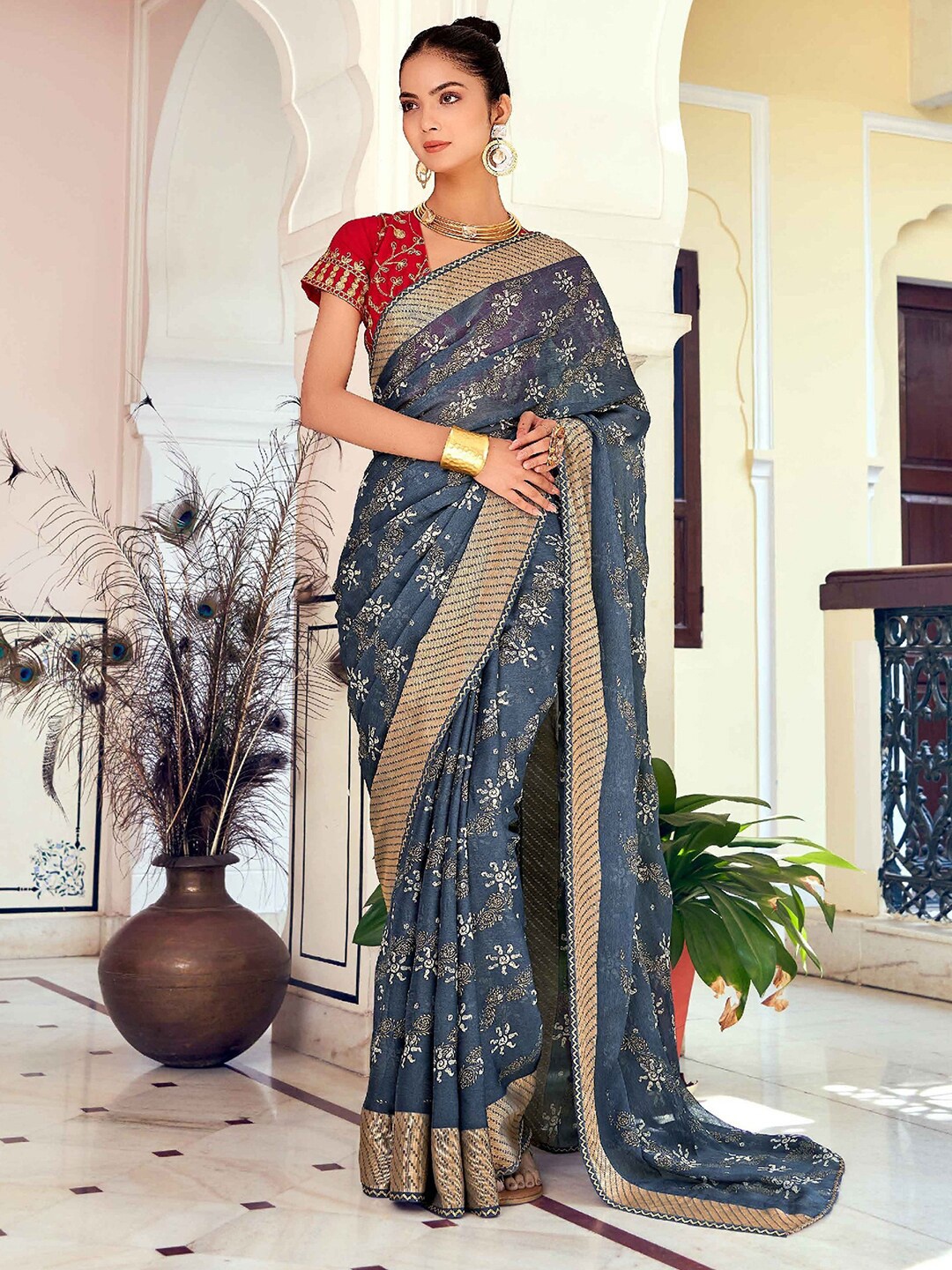 Satrani Blue & Gold Toned Floral Printed Saree
