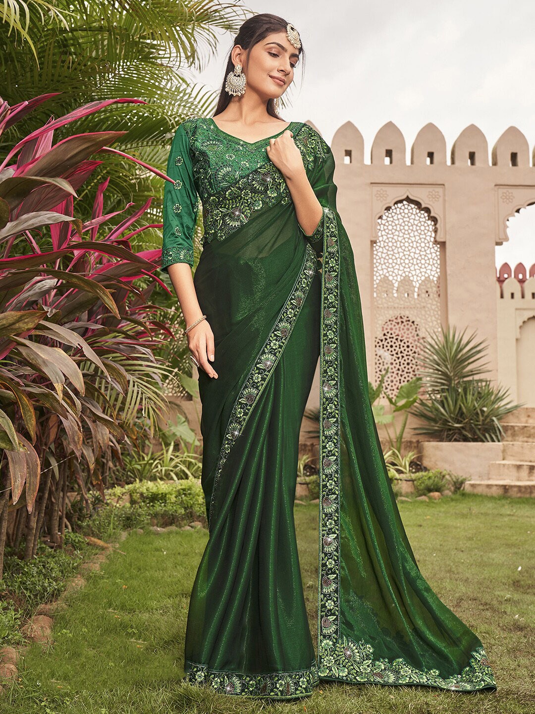 Mitera Green & Grey Sequinned Heavy Work Saree