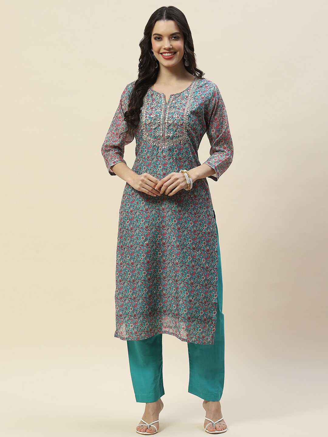 Meena Bazaar Floral Printed Regular Kurta with Trousers, Sea green