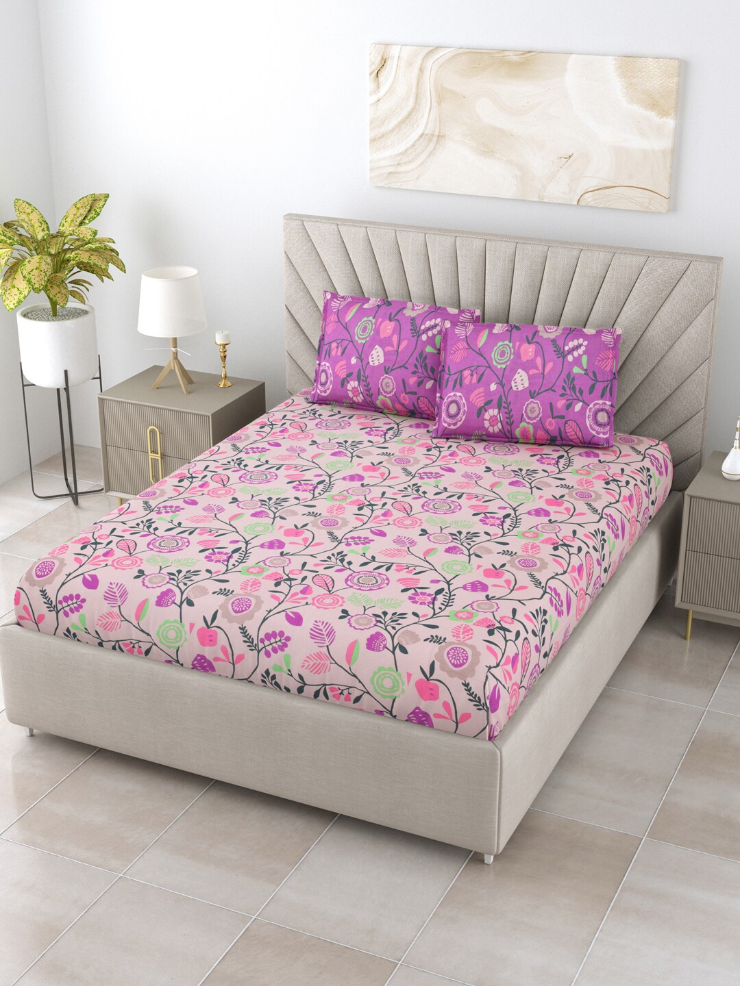 BOMBAY DYEING Blumen Green & Pink Floral Cotton 120 TC Queen Bedsheet with 2 Pillow Covers
BOMBAY DYEING Blumen Green & Pink Floral Cotton 120 TC Queen Bedsheet with 2 Pillow Covers