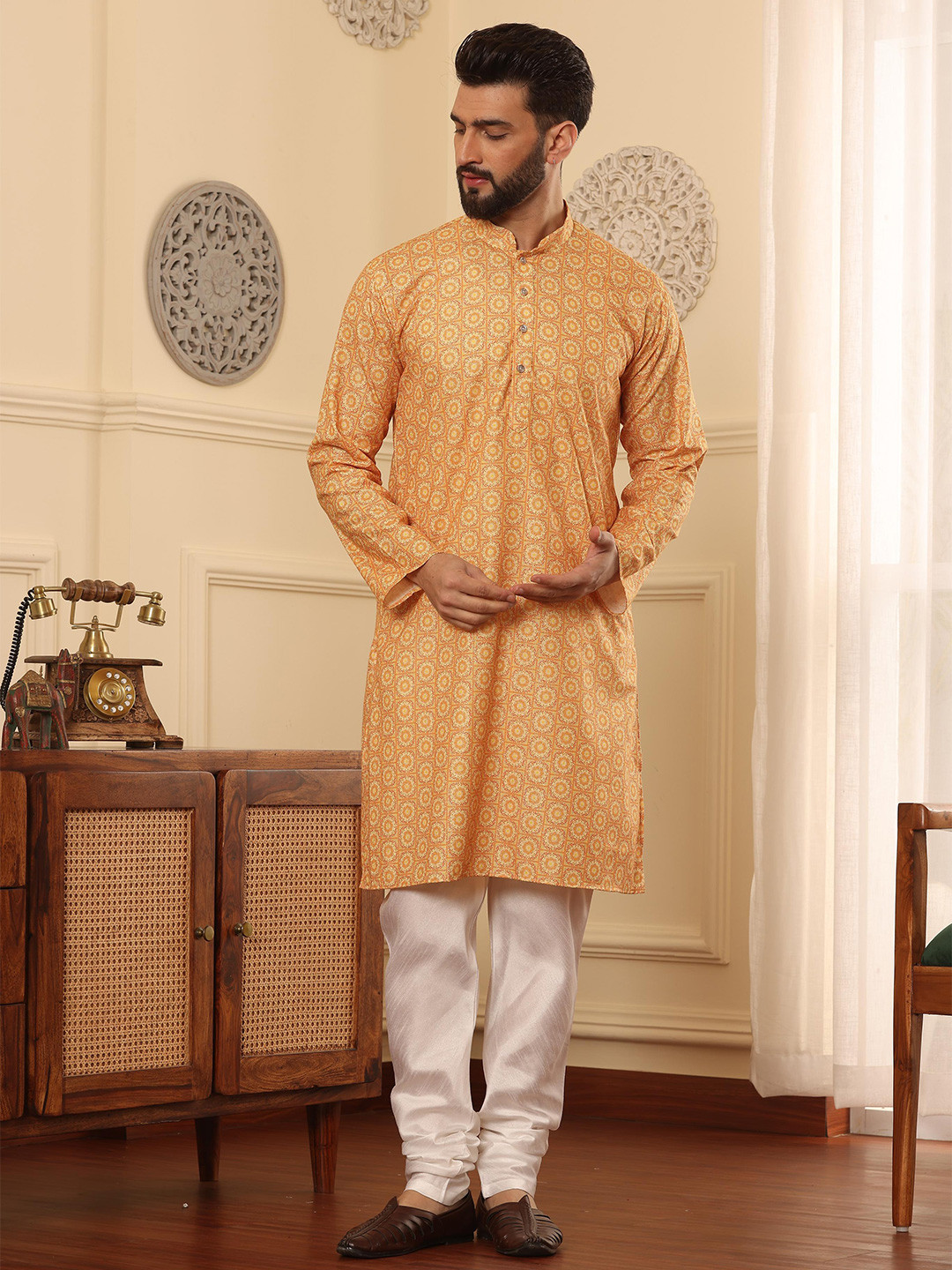 Armaan Ethnic Ethnic Motifs Printed Mandarin Collar Straight Kurta With Churidar, Yellow
Armaan Ethnic Ethnic Motifs Printed Mandarin Collar Straight Kurta With Churidar, Yellow