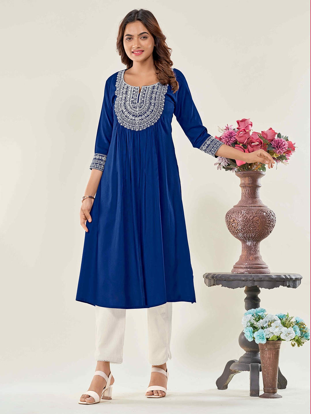 FLOWERVELLY Embroidered Yoke Design Pleated A-Line Kurta, Blue