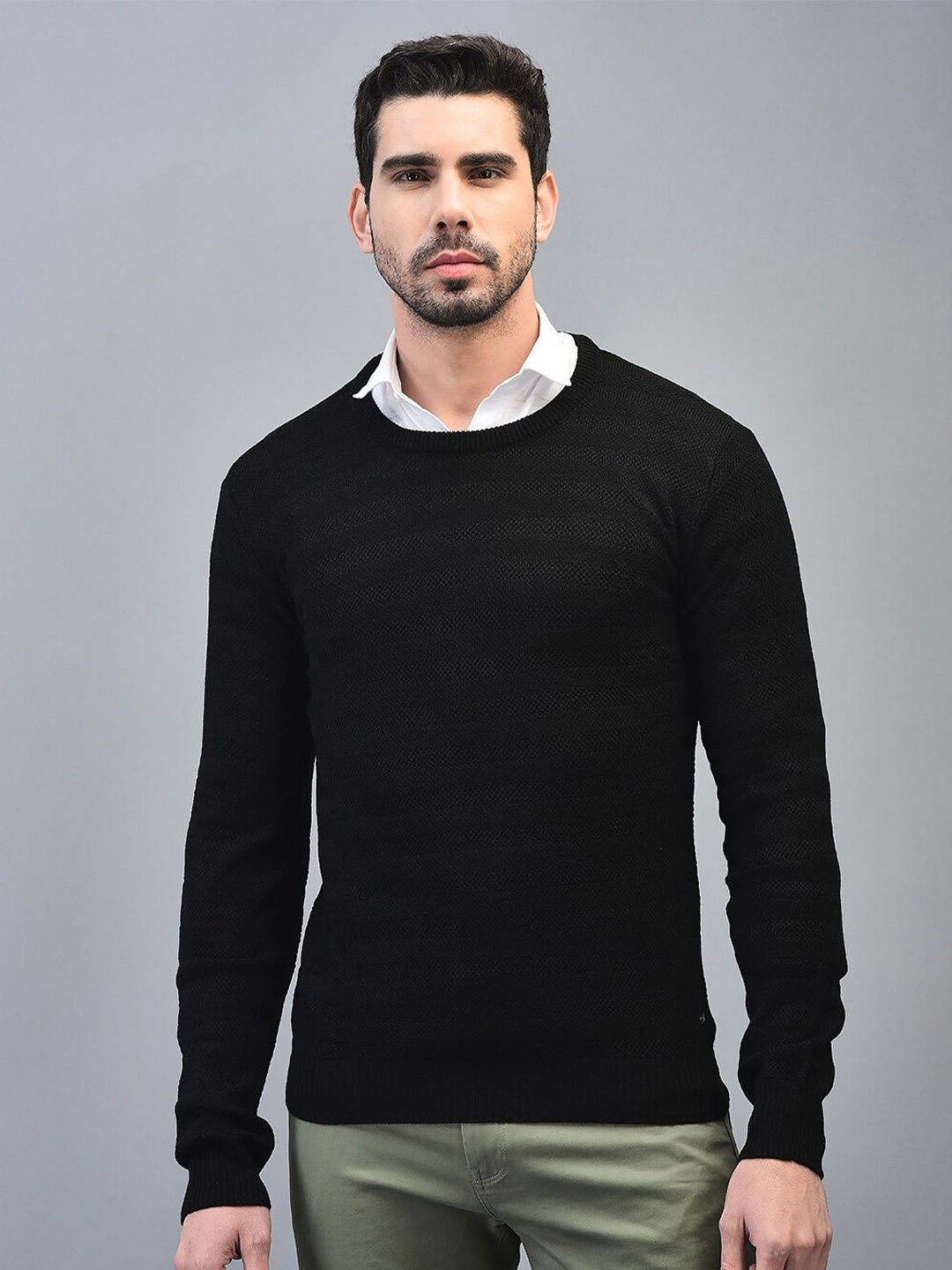 CANOE Striped Pullover Round Neck Sweaters, Black
