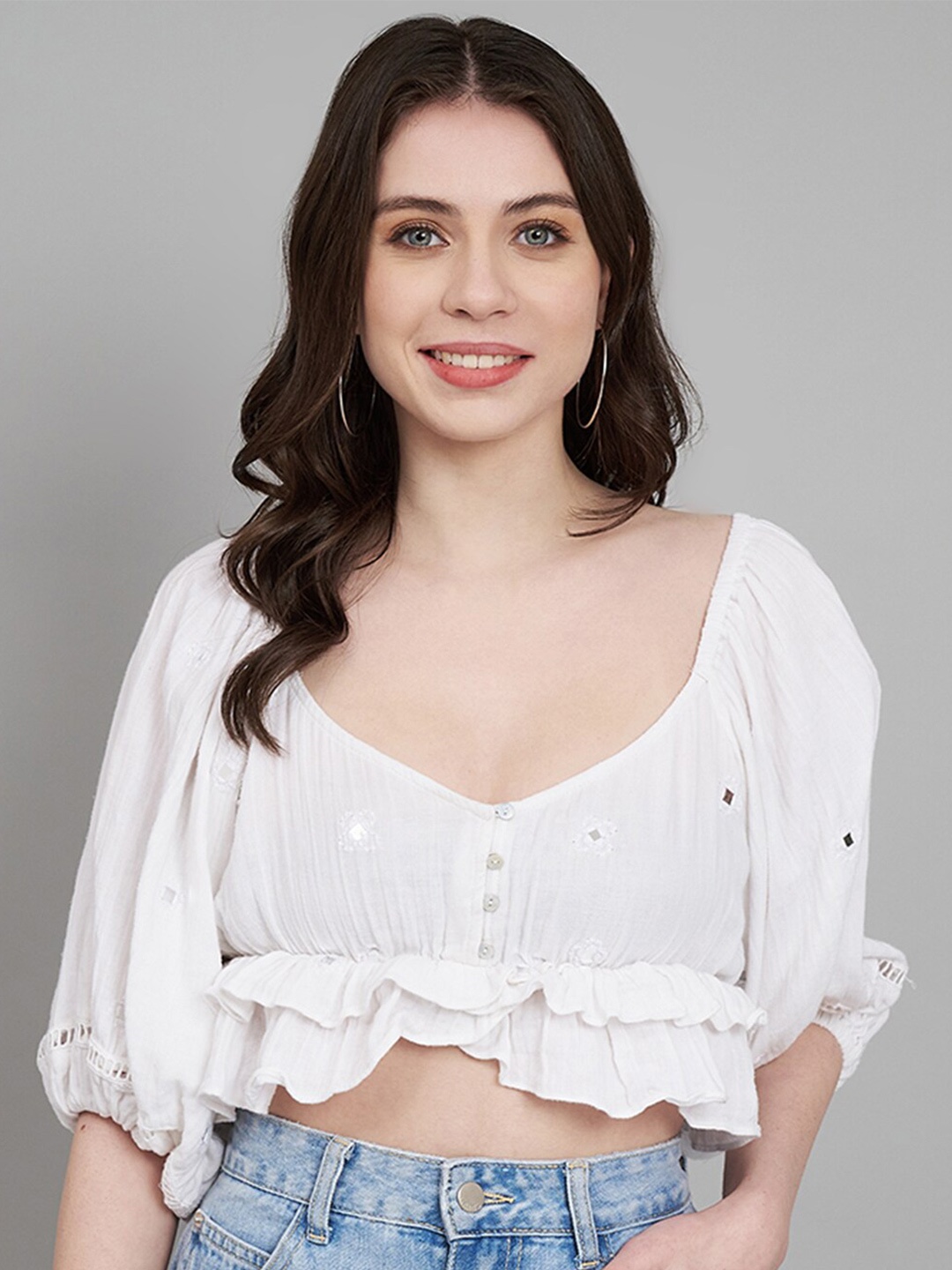 Amagyaa Embellished Sweetheart Neck Puff Sleeve Cotton Cinched Waist Crop Top, White
Amagyaa Embellished Sweetheart Neck Puff Sleeve Cotton Cinched Waist Crop Top, White
