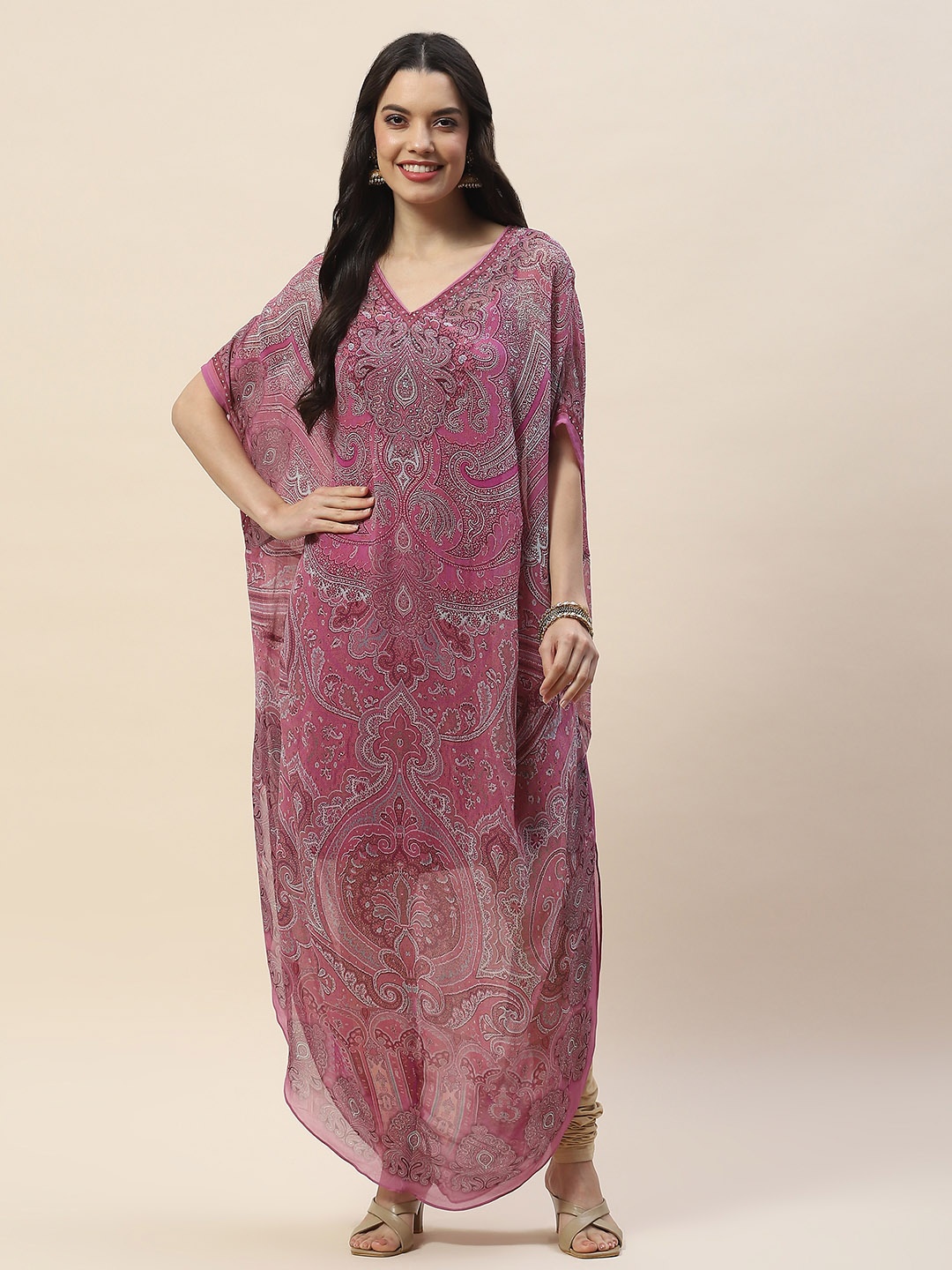 Meena Bazaar V Neck Extended Sleeves Sequined Ethnic Print Georgette Kaftan Kurta, Purple
Meena Bazaar V Neck Extended Sleeves Sequined Ethnic Print Georgette Kaftan Kurta, Purple