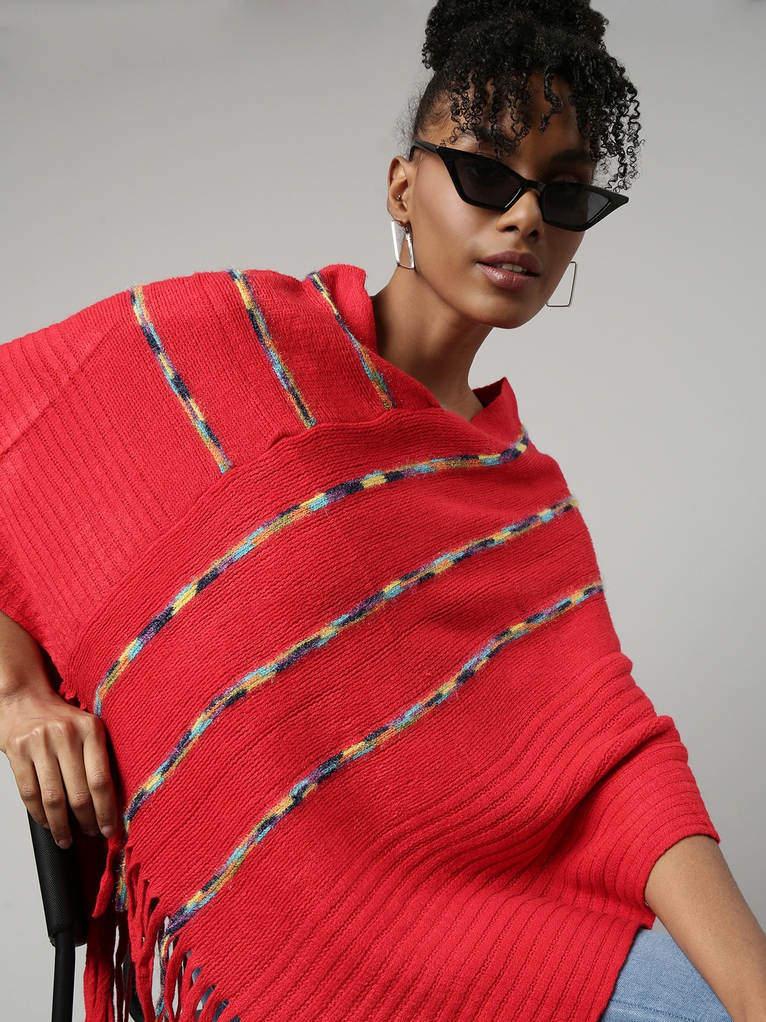 SHOWOFF V-Neck Three-Quarter Sleeves Striped Longline Poncho with Fringed Detail, Red
SHOWOFF V-Neck Three-Quarter Sleeves Striped Longline Poncho with Fringed Detail, Red