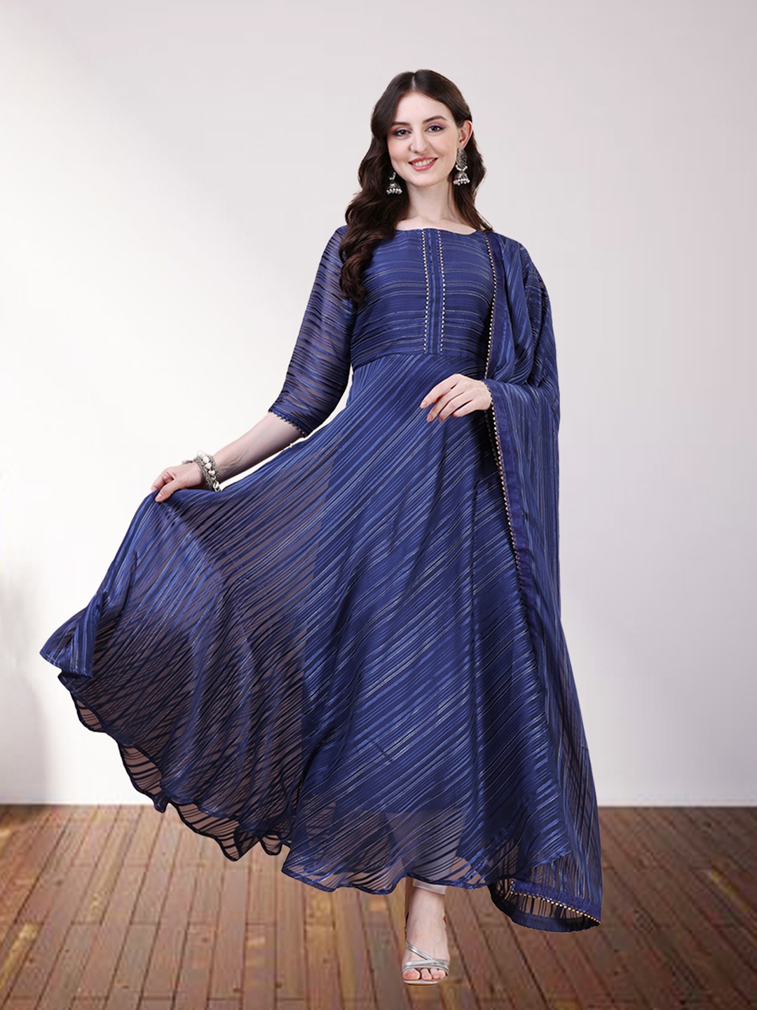 N N ENTERPRISE Striped Empire Silk Georgette Kurta with Trousers & With Dupatta, Blue
N N ENTERPRISE Striped Empire Silk Georgette Kurta with Trousers & With Dupatta, Blue