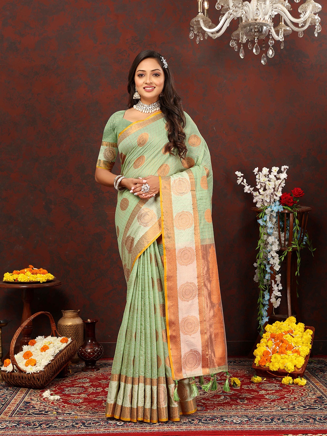 ZILVIRA Woven Design Ethnic Motifs Zari Pure Cotton Banarasi Saree With Tassels, Lime green
ZILVIRA Woven Design Ethnic Motifs Zari Pure Cotton Banarasi Saree With Tassels, Lime green