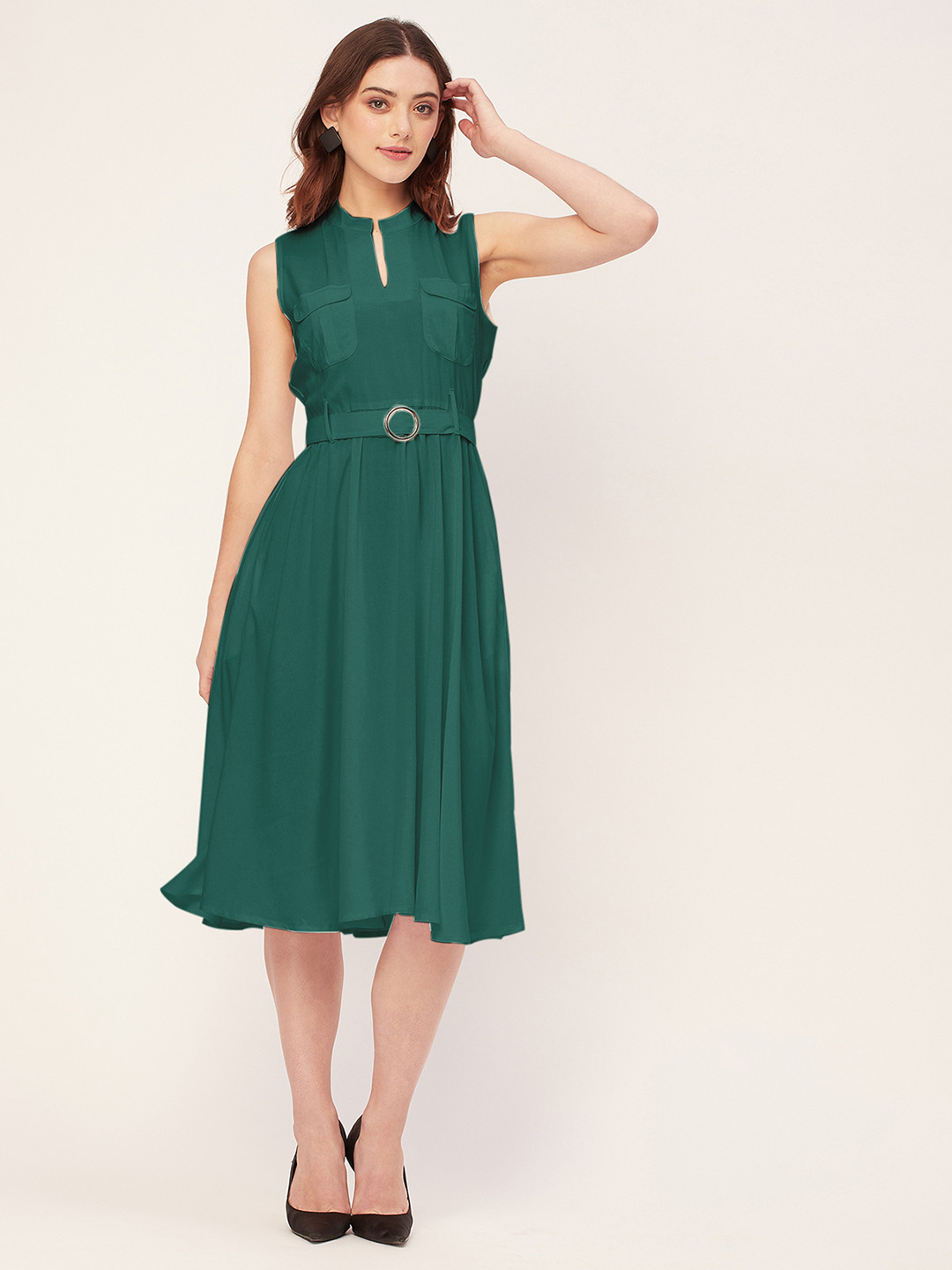 Moomaya Sleeveless Band Collar Fit & Flare Midi Dress, Teal 
Moomaya Sleeveless Band Collar Fit & Flare Midi Dress, Teal