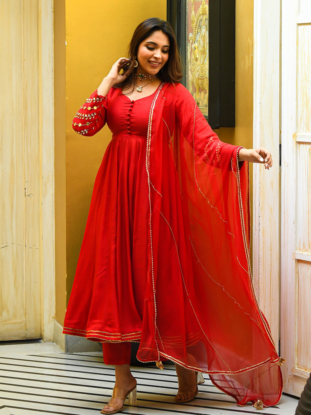Anouk Mirage Embroidered Empire Gotta Patti Anarkali Kurta with Trousers & Dupatta, Red
Anouk Mirage Embroidered Empire Gotta Patti Anarkali Kurta with Trousers & Dupatta, Red