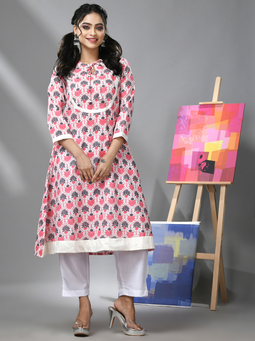 Charukriti Ethnic Motifs Printed Tie-Up Neck A-Line Pure Cotton Kurta with Trousers, White
Charukriti Ethnic Motifs Printed Tie-Up Neck A-Line Pure Cotton Kurta with Trousers, White