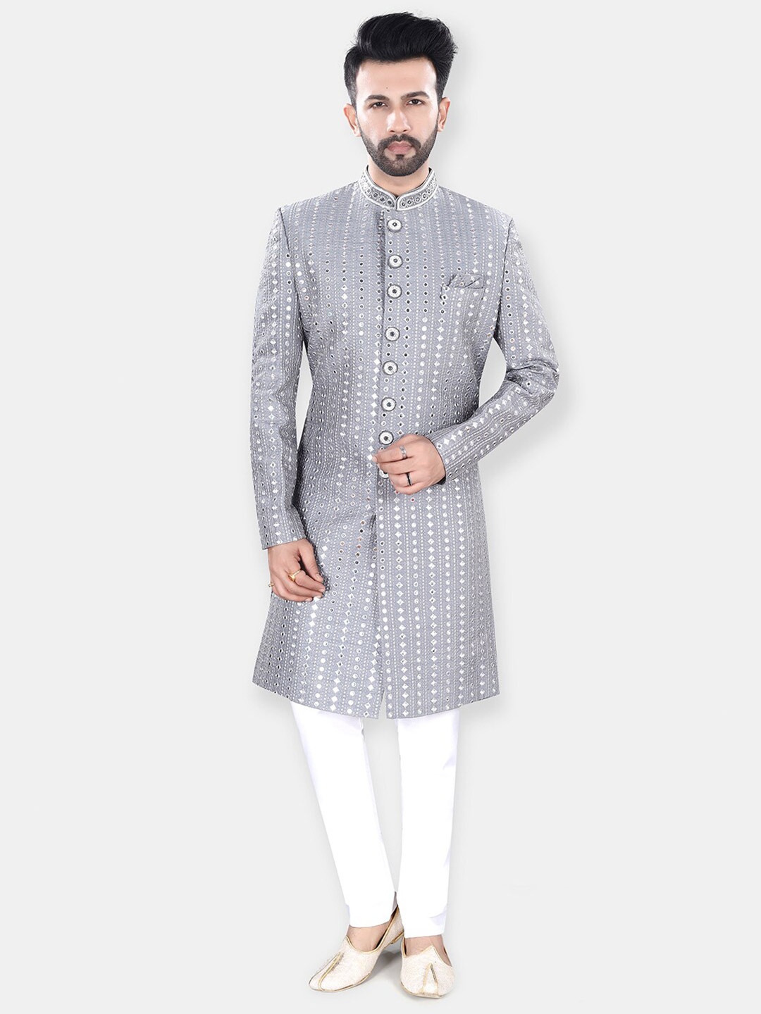Avaeta Mirror Work Self-Design Sherwani Set, Grey