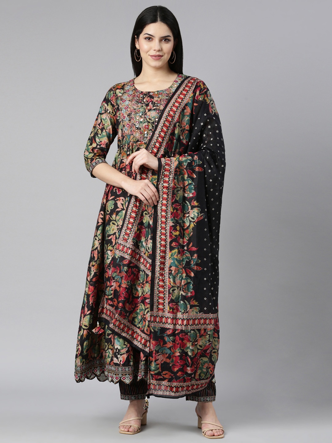 Neerus Floral Embroidered Regular Mirror Work Silk Crepe Kurta with Trousers & Dupatta, Black
Neerus Floral Embroidered Regular Mirror Work Silk Crepe Kurta with Trousers & Dupatta, Black