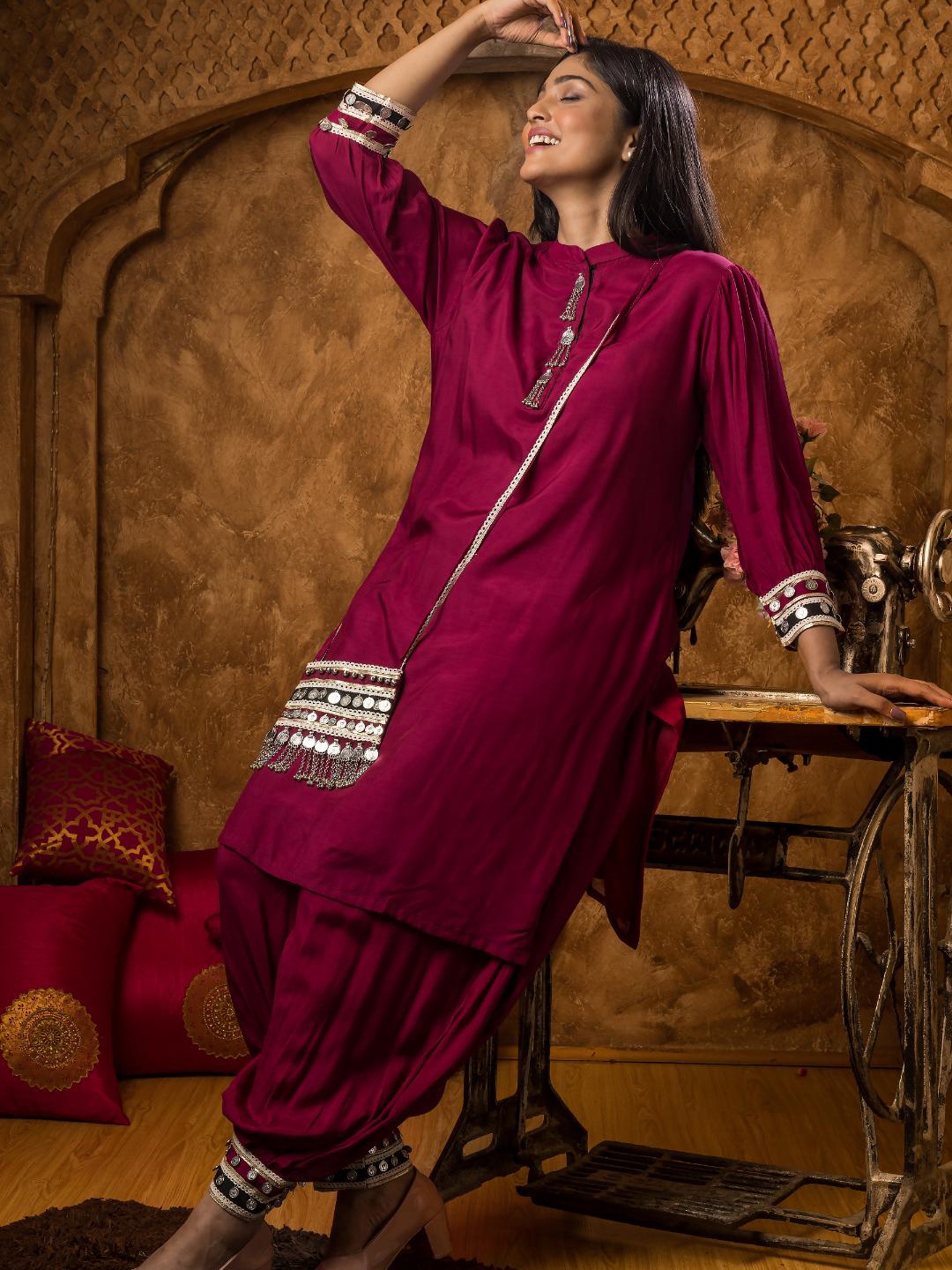 SACRED SUTA Mirror Work Mandarin Collar Puffed Sleeves Pure Silk Regular Kurta With Salwar, Purple
SACRED SUTA Mirror Work Mandarin Collar Puffed Sleeves Pure Silk Regular Kurta With Salwar, Purple