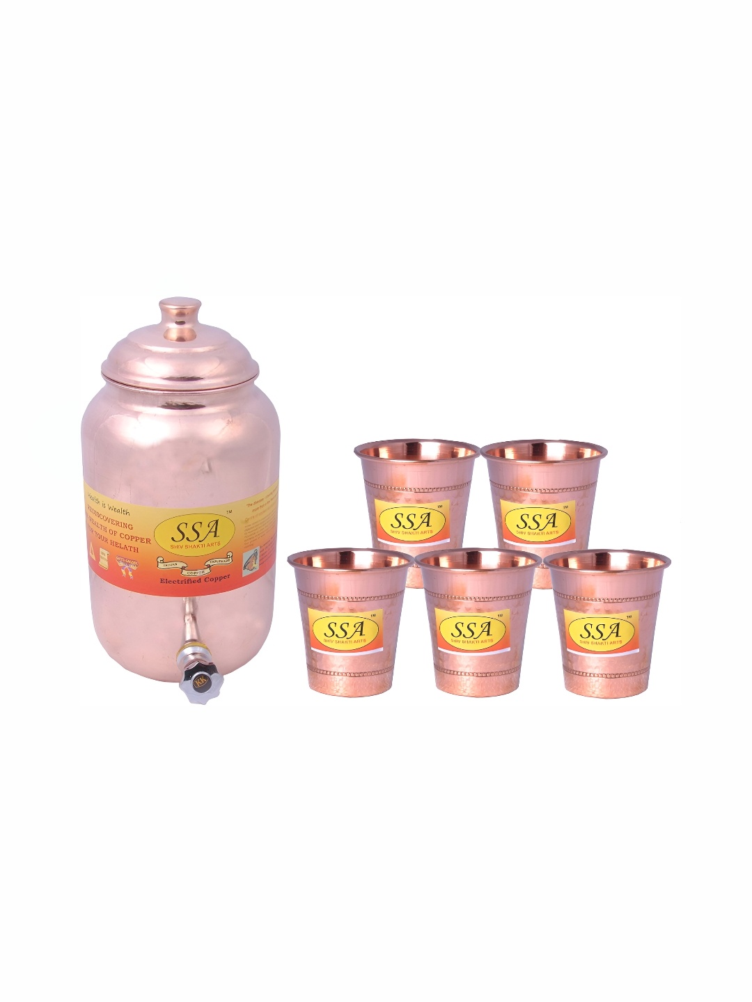 Shivshakti Arts Brown 6 Pieces Copper Core Jug & Glass Set 150ml