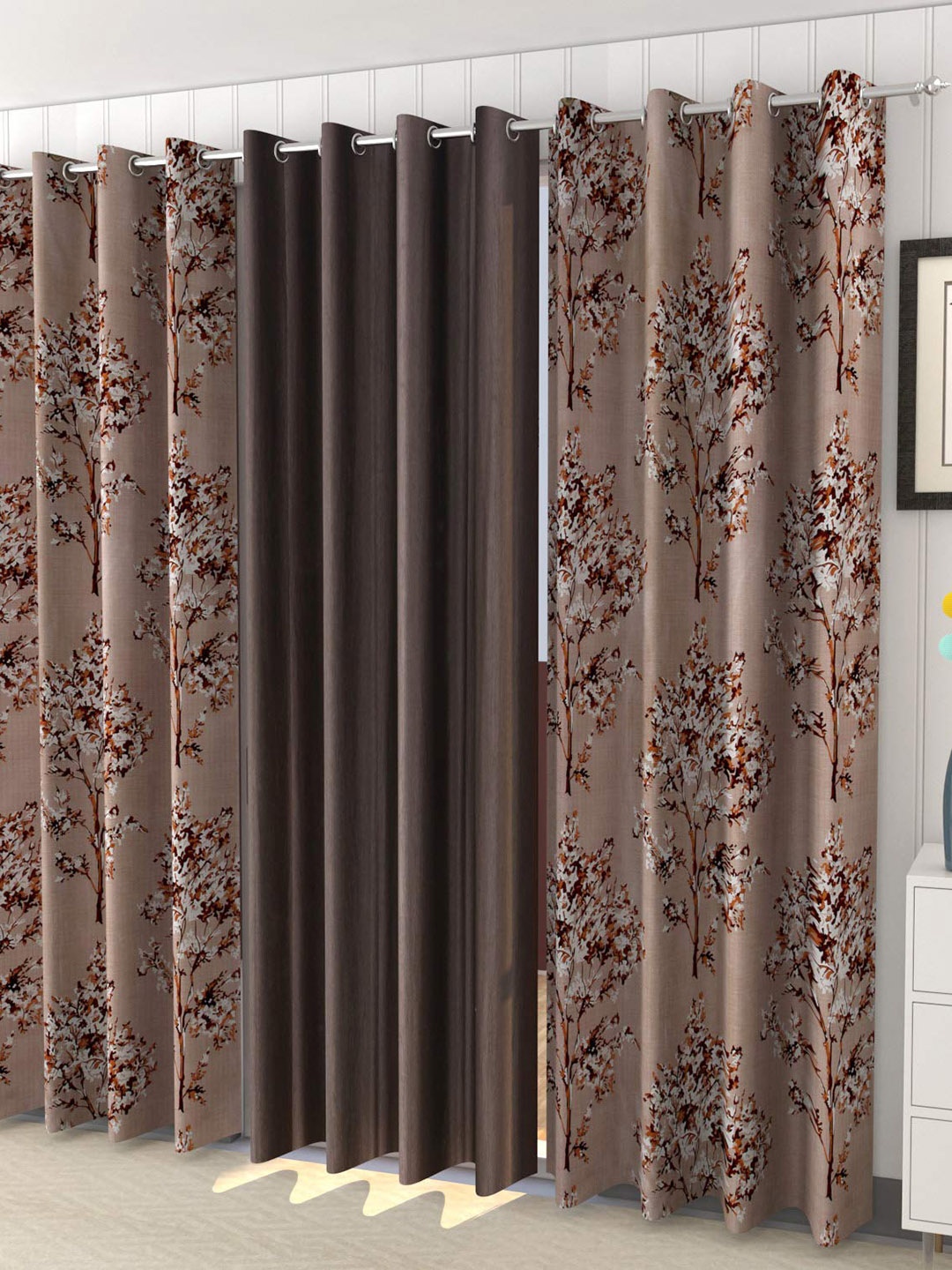 Ultica Fab Coffee Brown & White 3 Pieces Floral Room Darkening Door Curtains