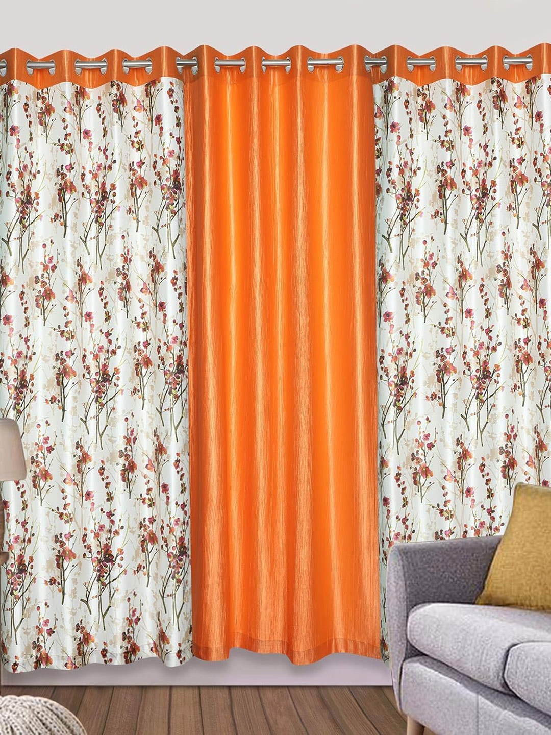 Ultica Fab Orange & White 3 Pieces Floral Room Darkening Long Door Curtain
